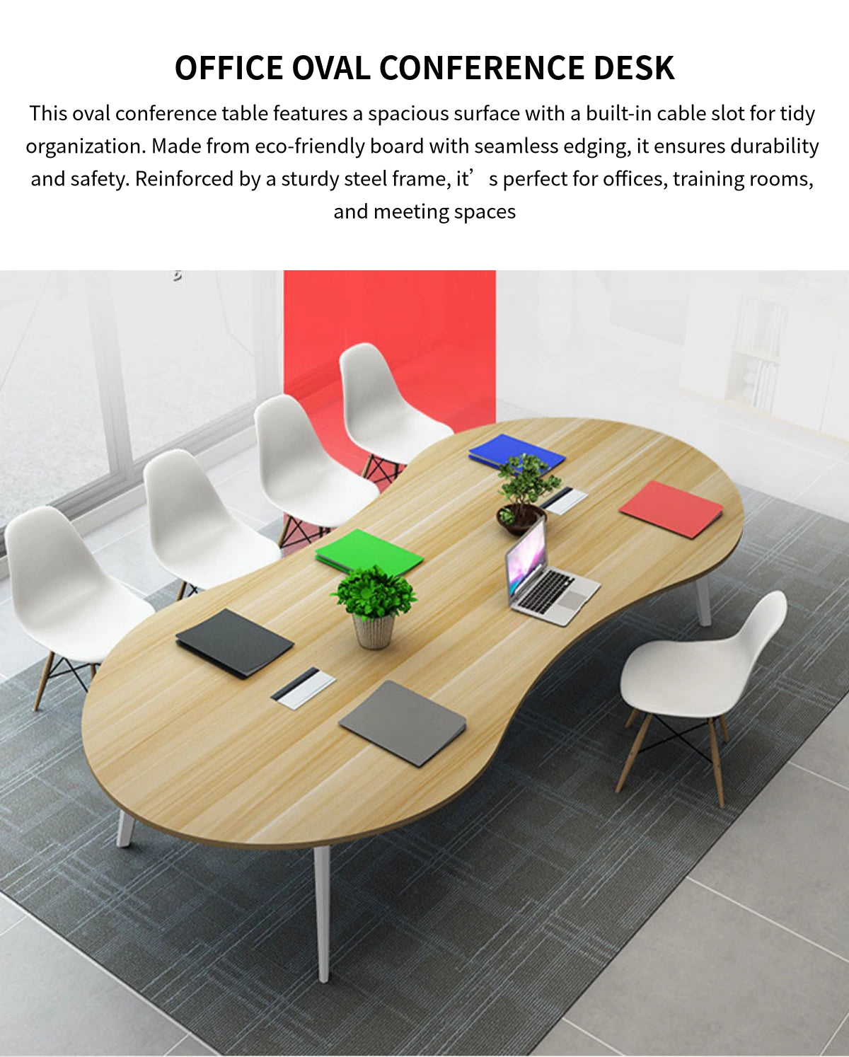 Oval Conference Table with Cable Management, Solid Wood & Lumbar Support for Meeting Room — Detail image 1