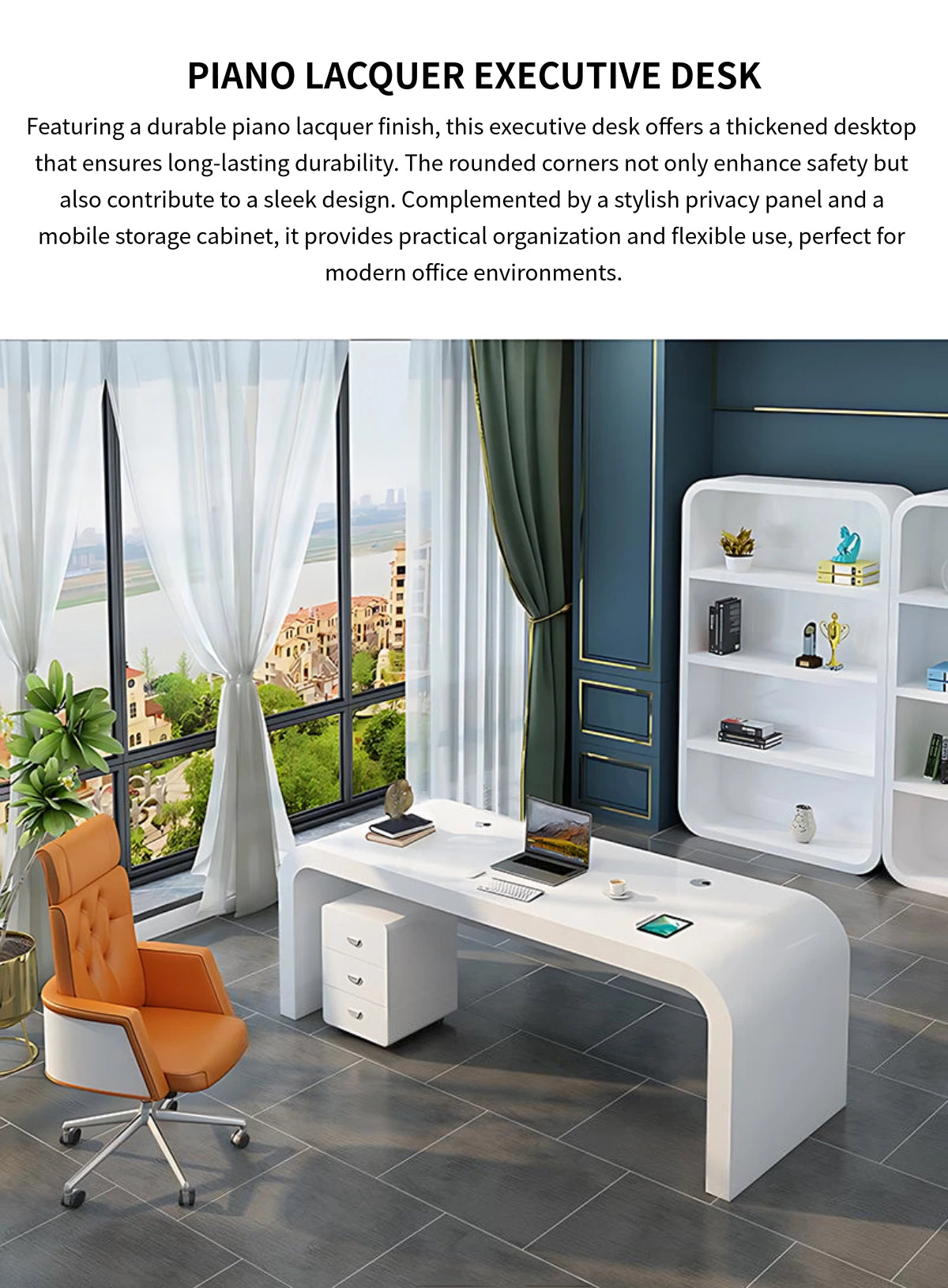 Modern Executive Desk with Curved, Privacy Panel & Stainless Steel for Home Office — Detail image 1