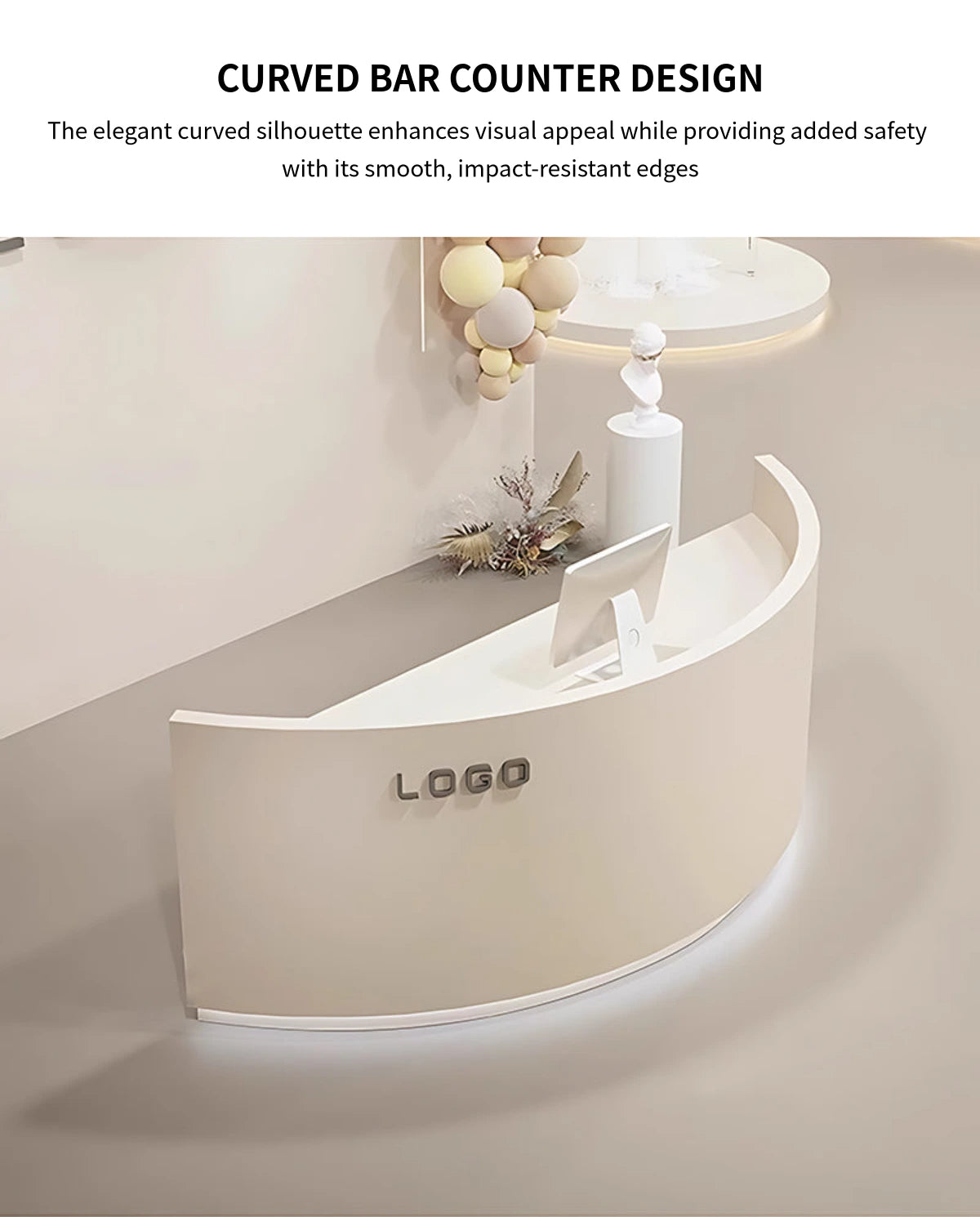 Curved Reception Desk 55-118 in Wide with LED Lighting, Lockable & File Drawers for Salon — Detail image 4