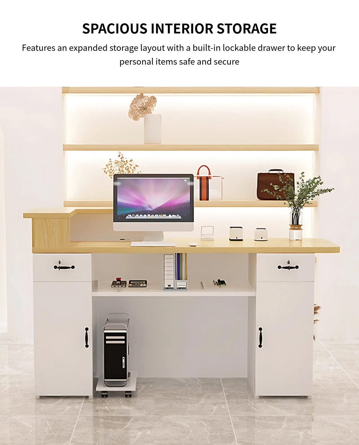 Curved Reception Desk 31-87 in Wide with Lockable & Lumbar Support for Salon — Detail image 8