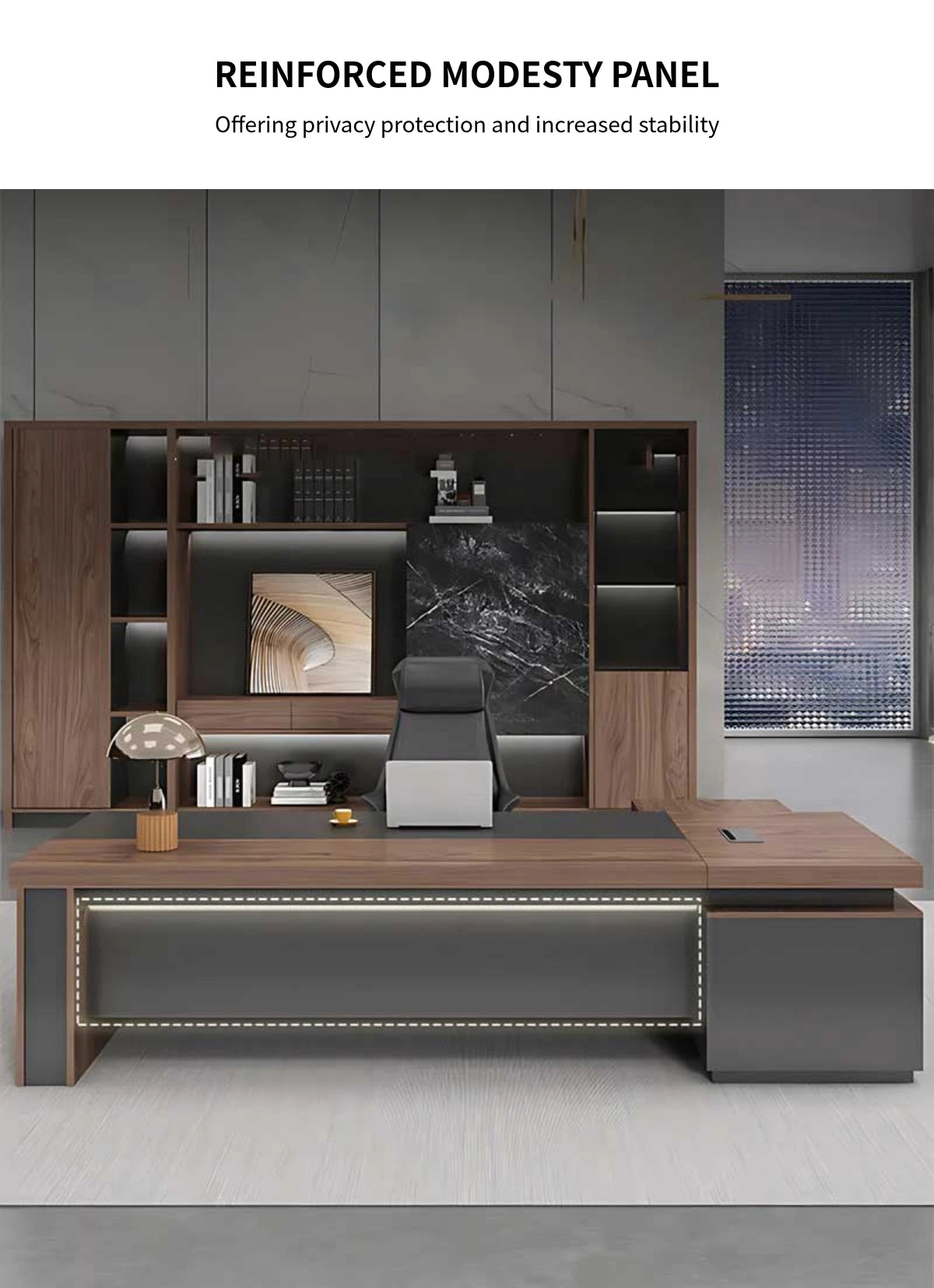 L-Shaped Executive Desk with Cable Management, Dual-Tone & LED Lighting for Home Office — Detail image 4