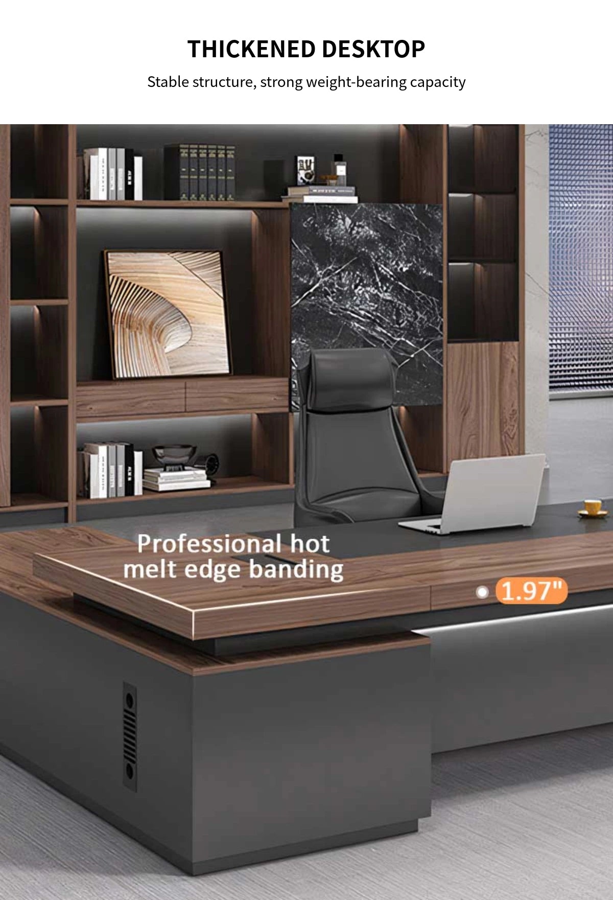 L-Shaped Executive Desk with Cable Management, Dual-Tone & LED Lighting for Home Office — Detail image 5