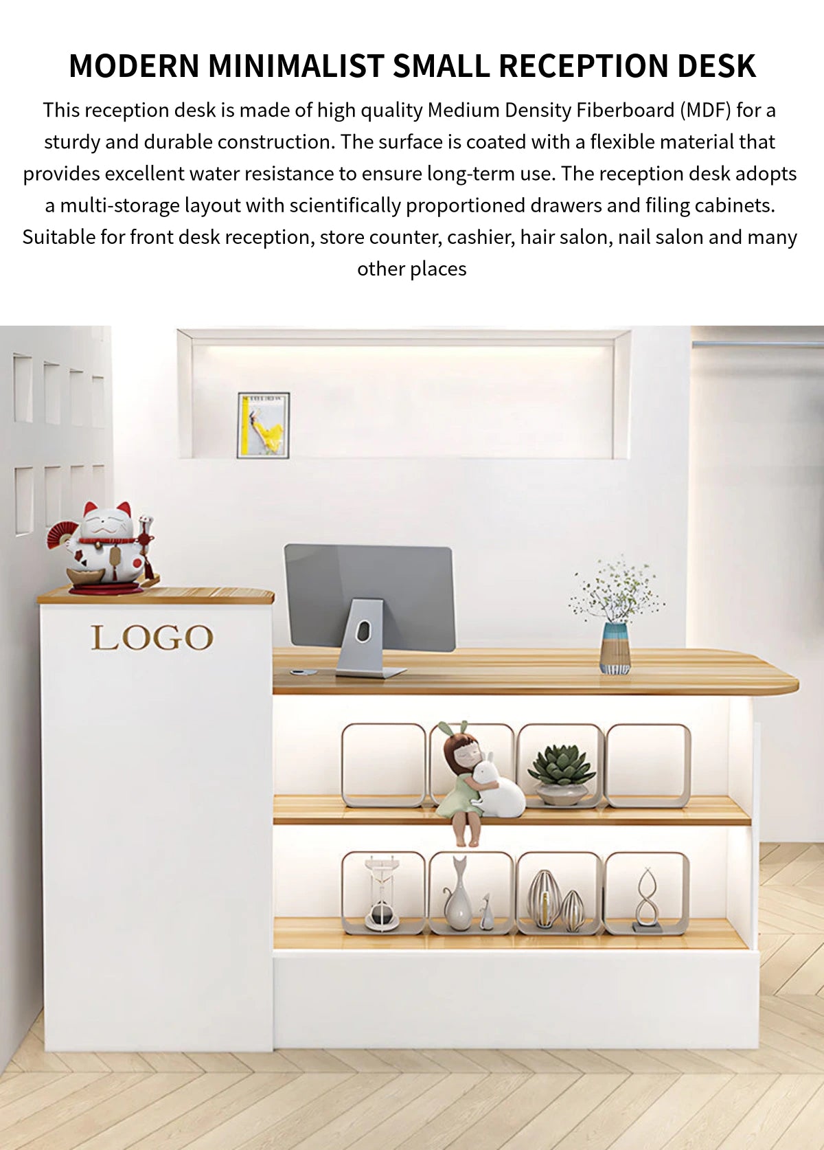 Curved Reception Desk 39-59 in Wide with Keyboard Tray, Lockable & Cable Management — Detail image 1