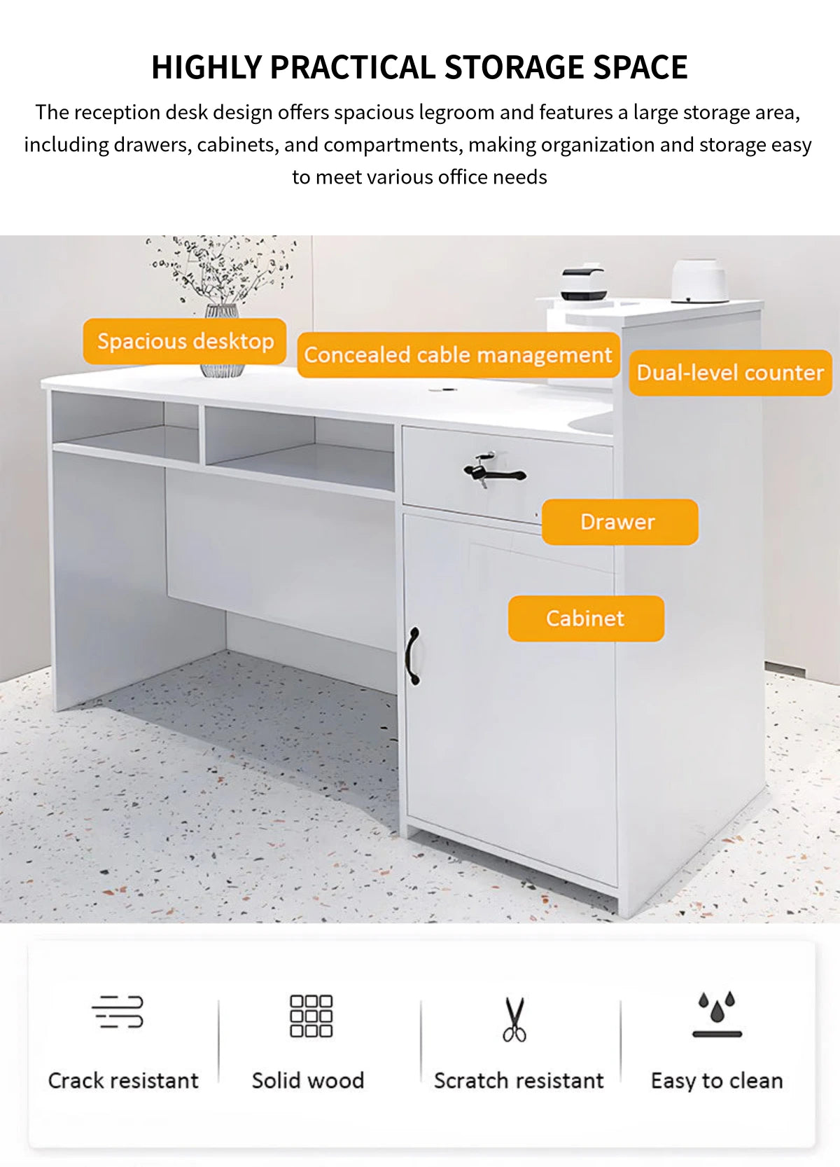 Curved Reception Desk 39-59 in Wide with Keyboard Tray, Lockable & Cable Management — Detail image 5