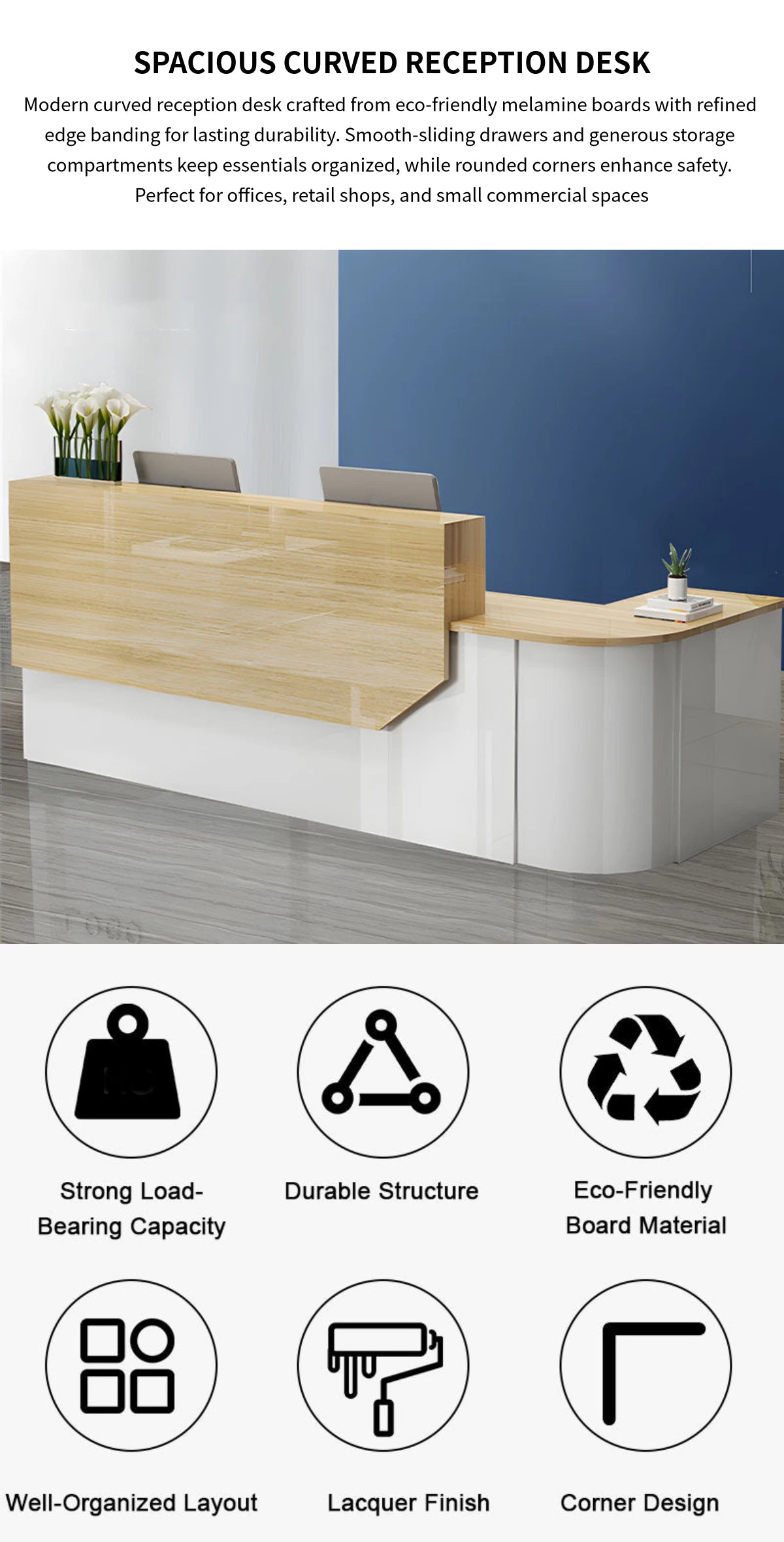 L-Shaped Reception Desk 55-118 in Wide with Lockable & File Drawers for Retail — Detail image 1