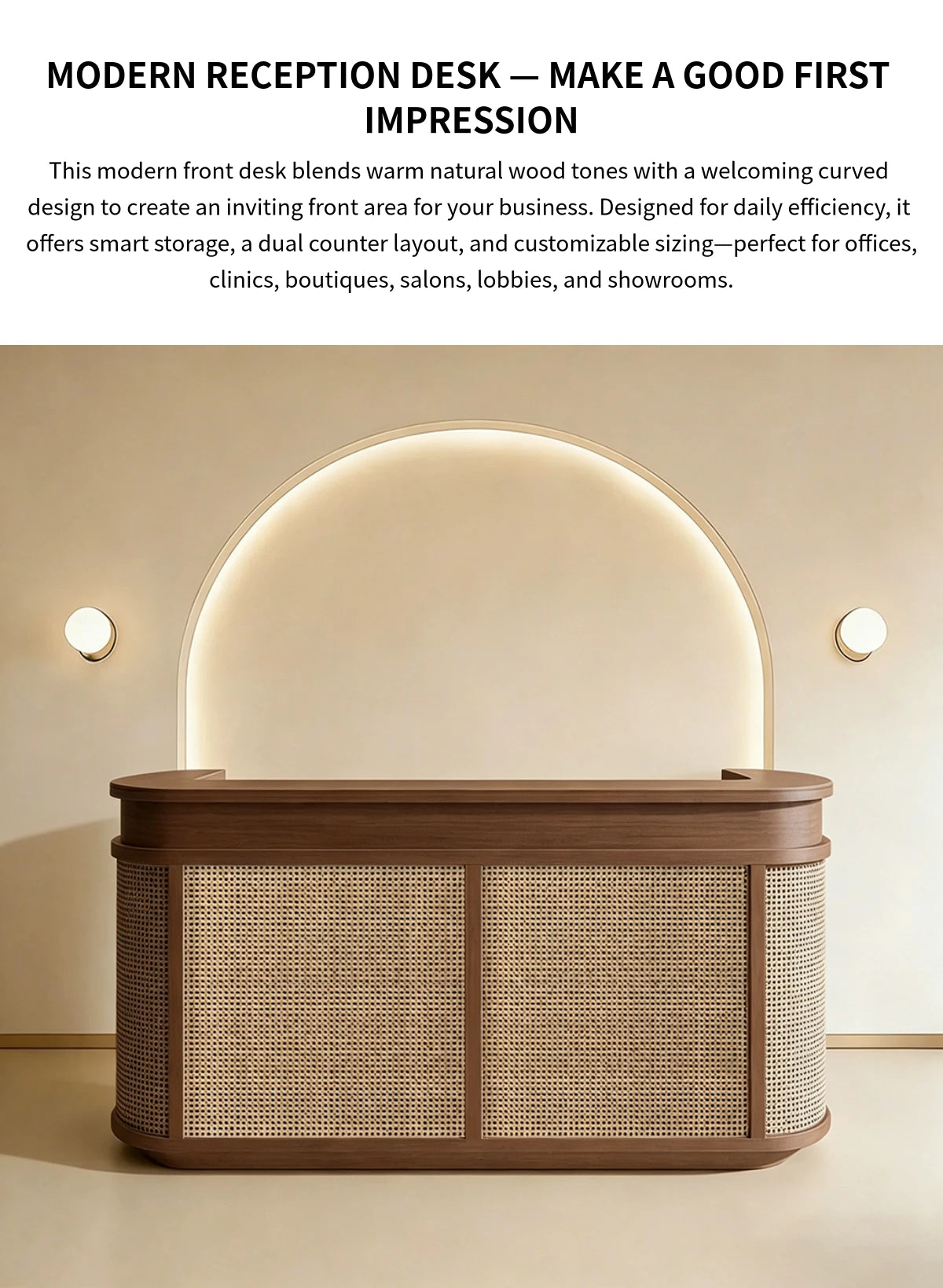 Curved Reception Desk 39-118 in Wide with Rattan, Keyboard Tray & File Drawers for Salon — Detail image 1