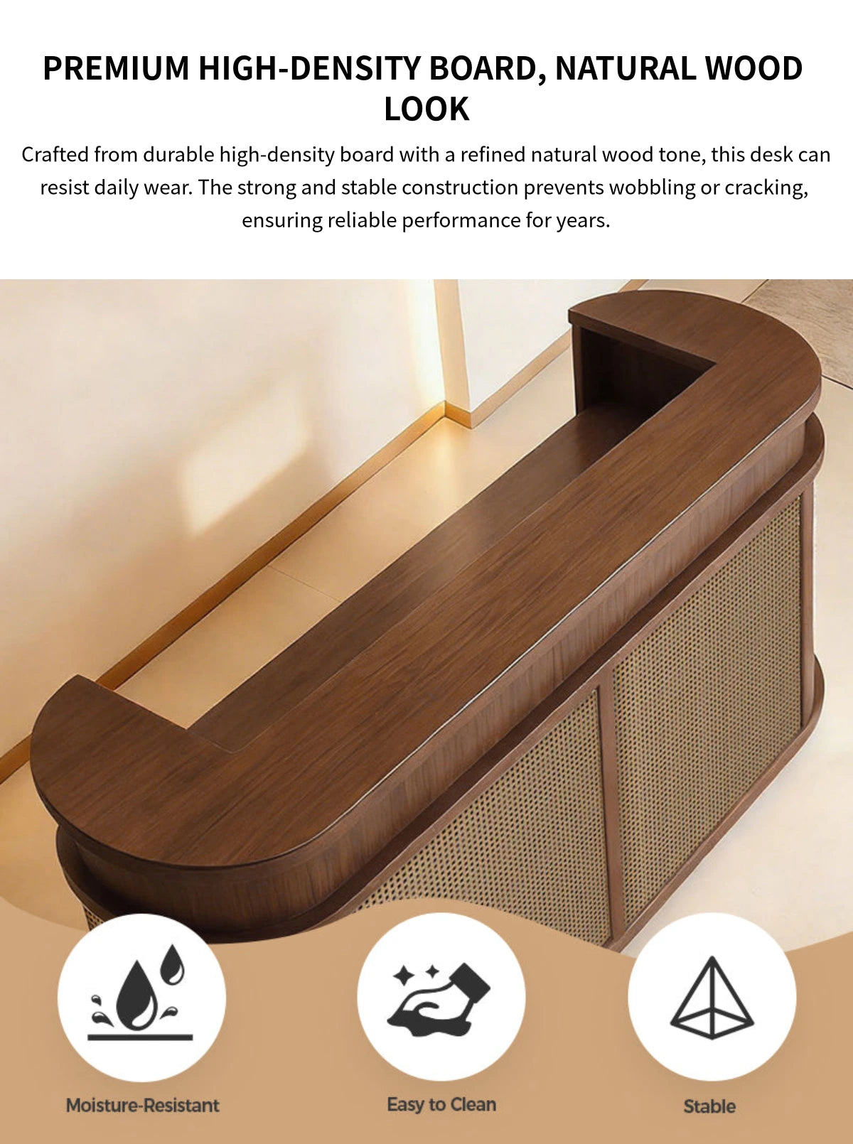 Curved Reception Desk 39-118 in Wide with Rattan, Keyboard Tray & File Drawers for Salon — Detail image 2