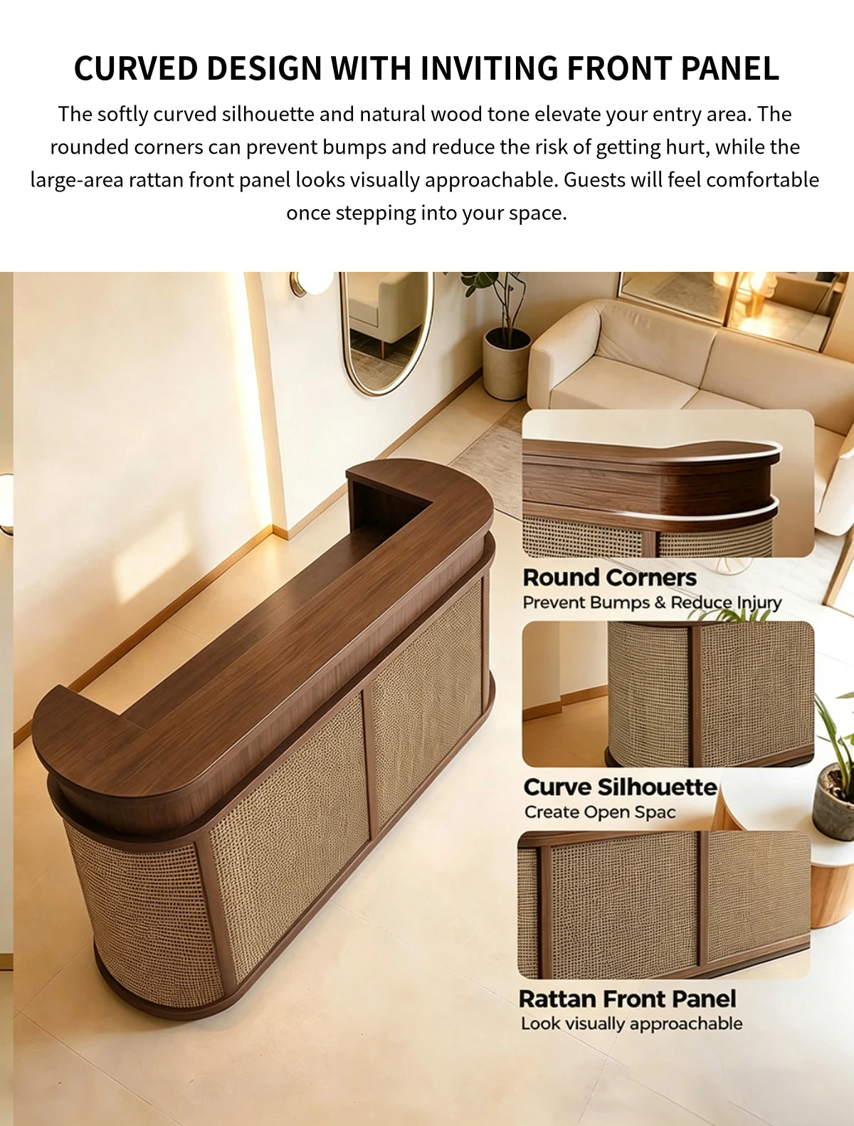 Curved Reception Desk 39-118 in Wide with Rattan, Keyboard Tray & File Drawers for Salon — Detail image 4