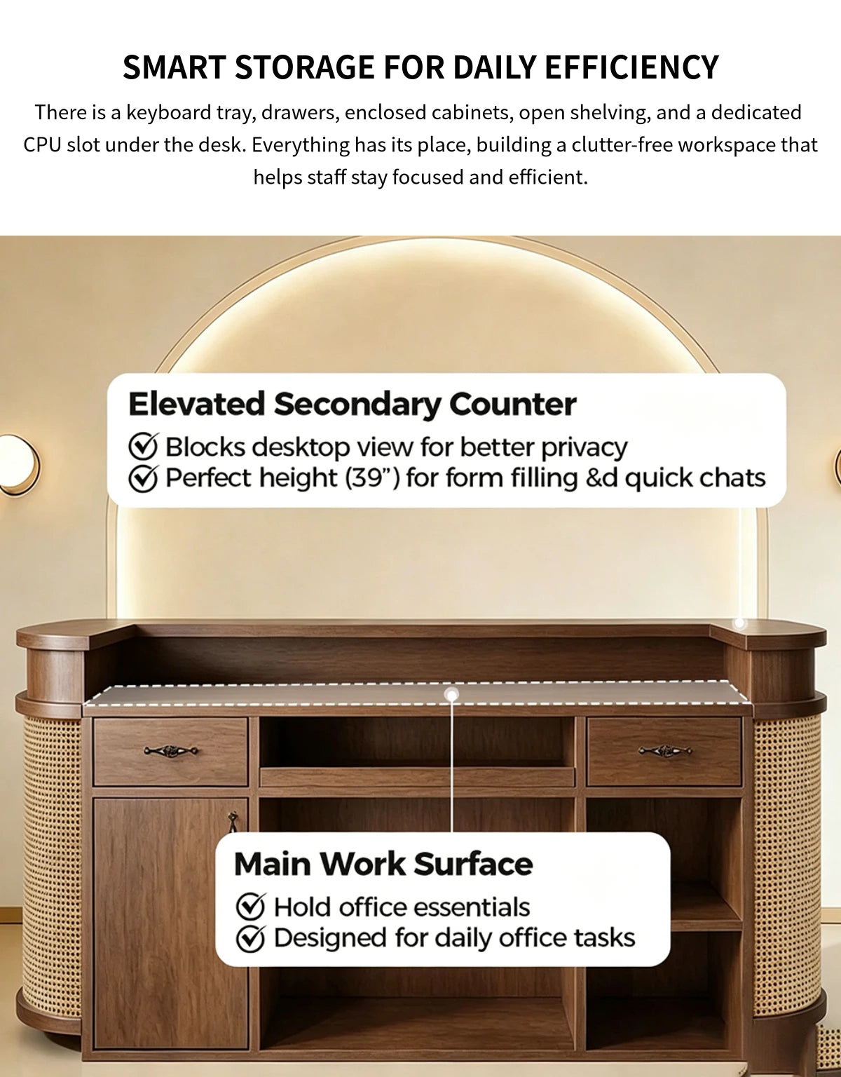 Curved Reception Desk 39-118 in Wide with Rattan, Keyboard Tray & File Drawers for Salon — Detail image 5