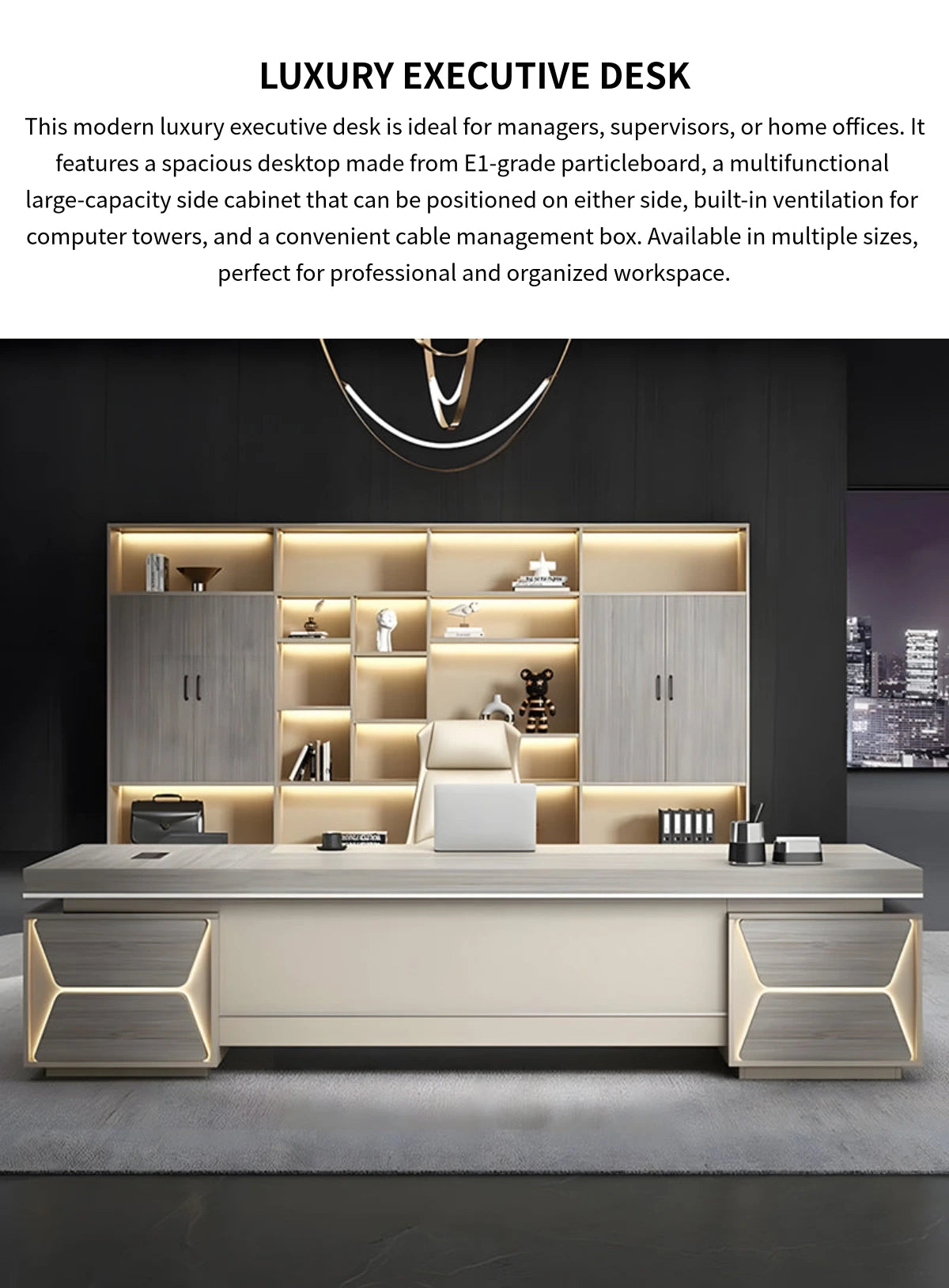 Modern Executive Desk 126 in Wide with Cable Management & Side Storage for Home Office — Detail image 1
