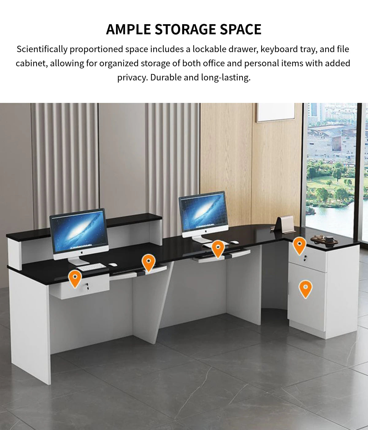 L-Shaped Reception Desk 47-150 in Wide with Keyboard Tray, Lockable & Transaction Counter — Detail image 12