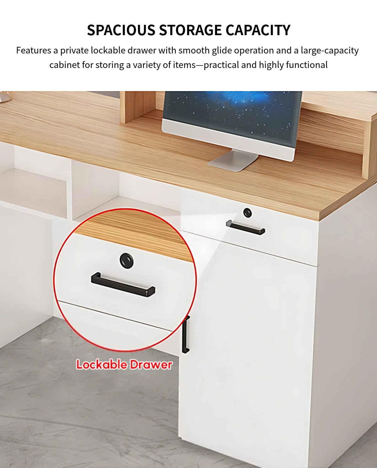 Curved Reception Desk 31-71 in Wide with Transaction Counter, Lockable & Lumbar Support — Detail image 7