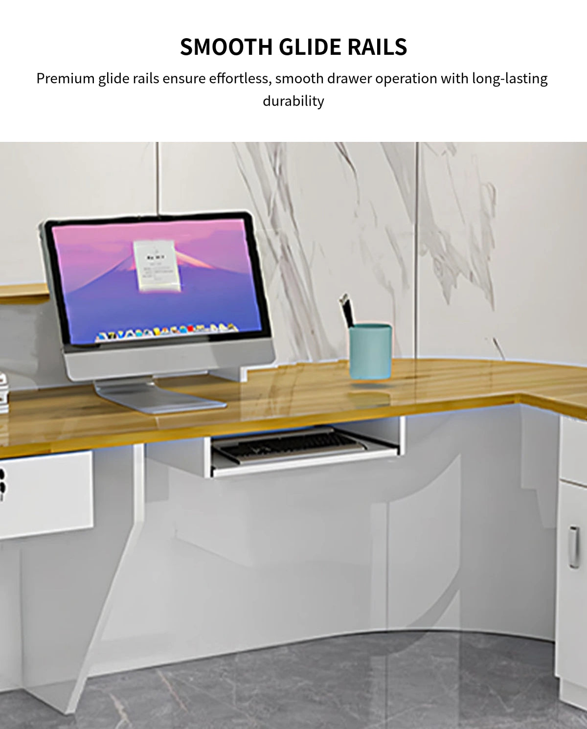L-Shaped Reception Desk 63-94 in Wide with Keyboard Tray, File Drawers & Lockable — Detail image 6
