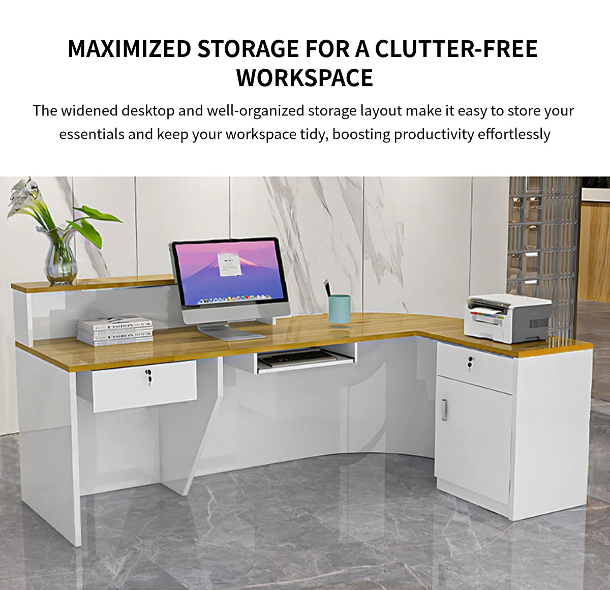 L-Shaped Reception Desk 63-94 in Wide with Keyboard Tray, File Drawers & Lockable — Detail image 8