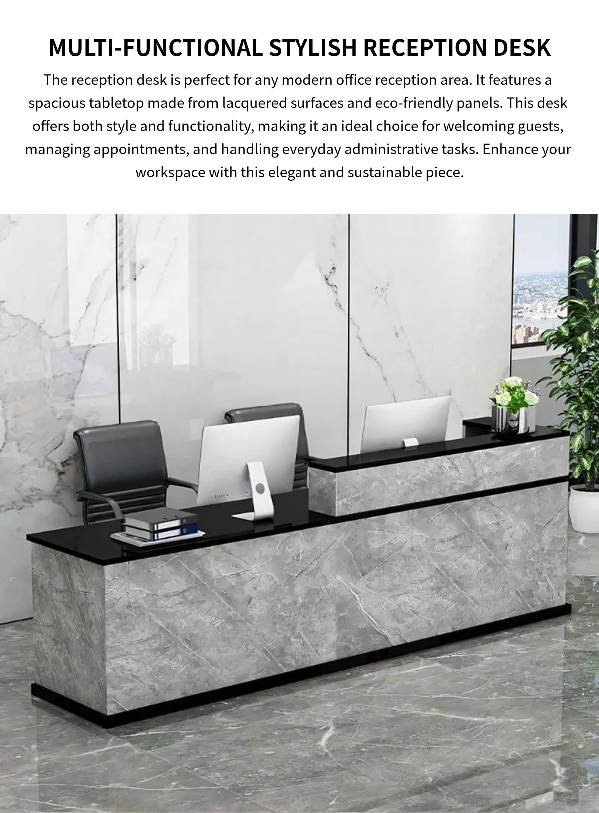 Curved Reception Desk with Keyboard Tray, File Drawers & LED Lighting for Hotel Lobby — Detail image 1