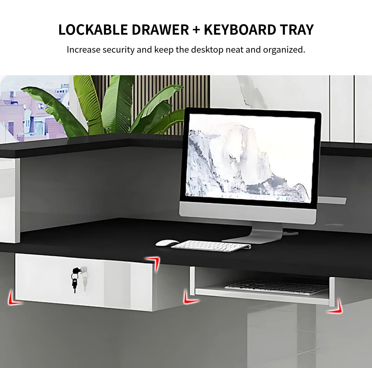Curved Reception Desk with Keyboard Tray, File Drawers & LED Lighting for Hotel Lobby — Detail image 4