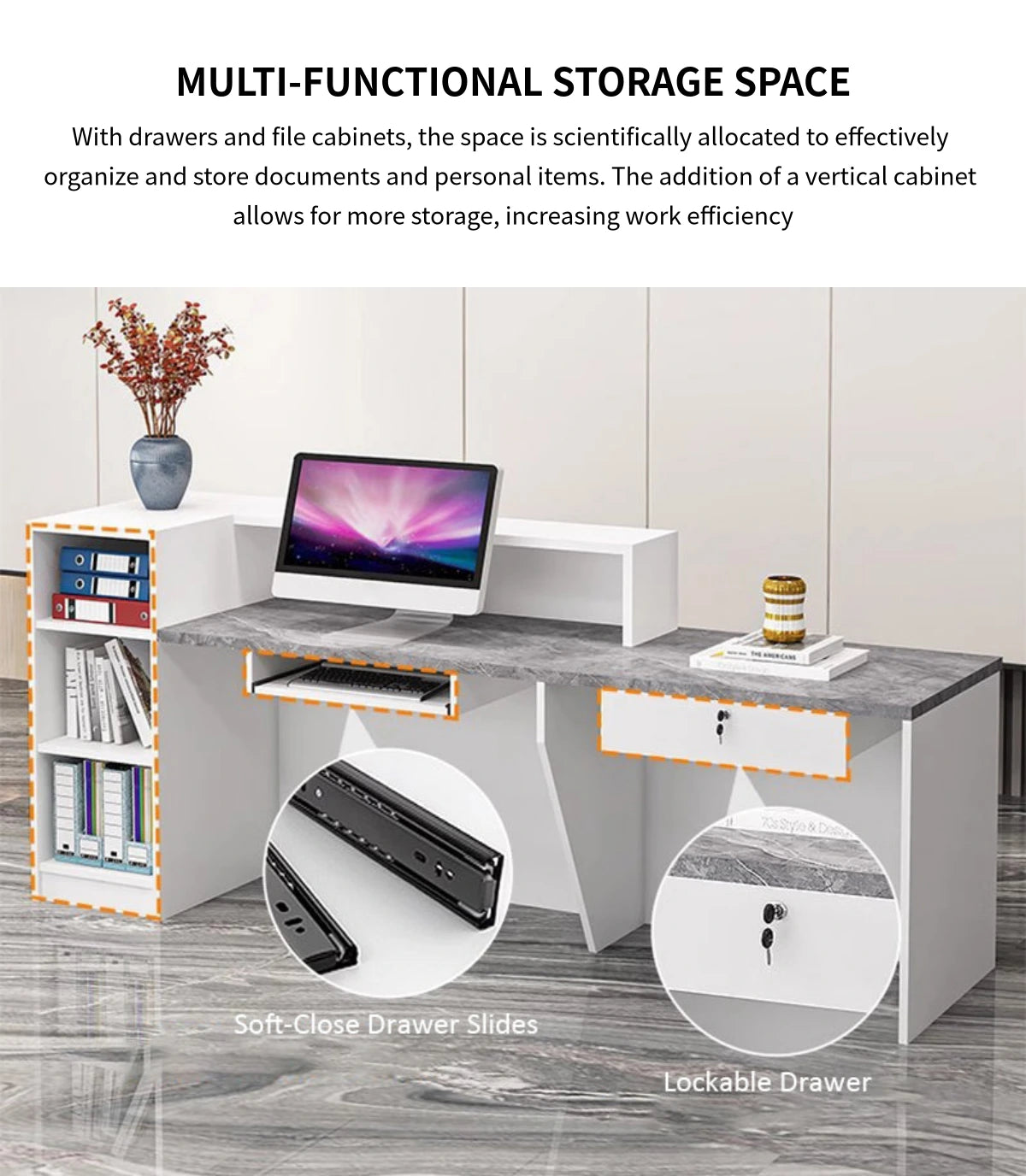 Retail Reception Desk 55-87 in Wide with Cable Management, Solid Wood & File Drawers — Detail image 9
