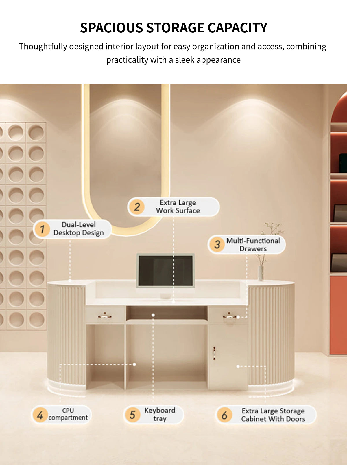 Curved Reception Desk 63-142 in Wide with Keyboard Tray, File Drawers & Fluted Front — Detail image 7