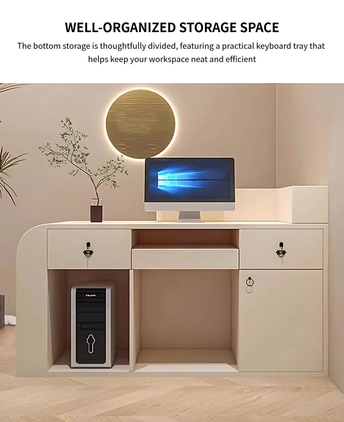 Curved Reception Desk 47-110 in Wide with LED Lighting, Lockable & Keyboard Tray for Salon — Detail image 10