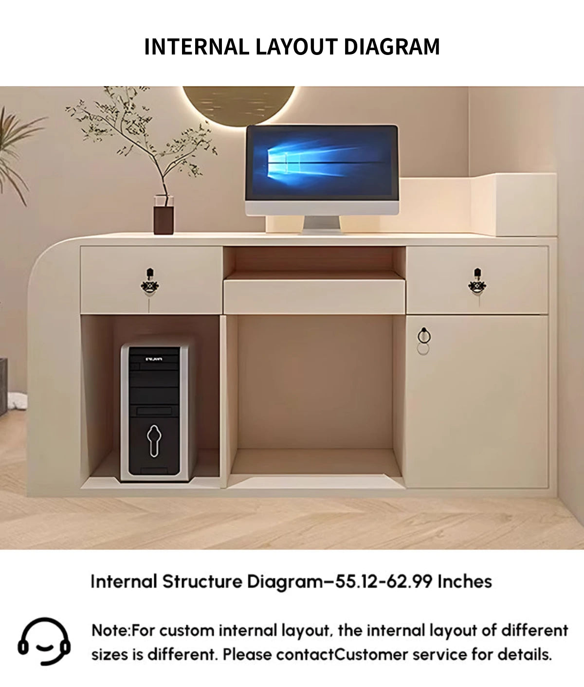 Curved Reception Desk 47-110 in Wide with LED Lighting, Lockable & Keyboard Tray for Salon — Detail image 11