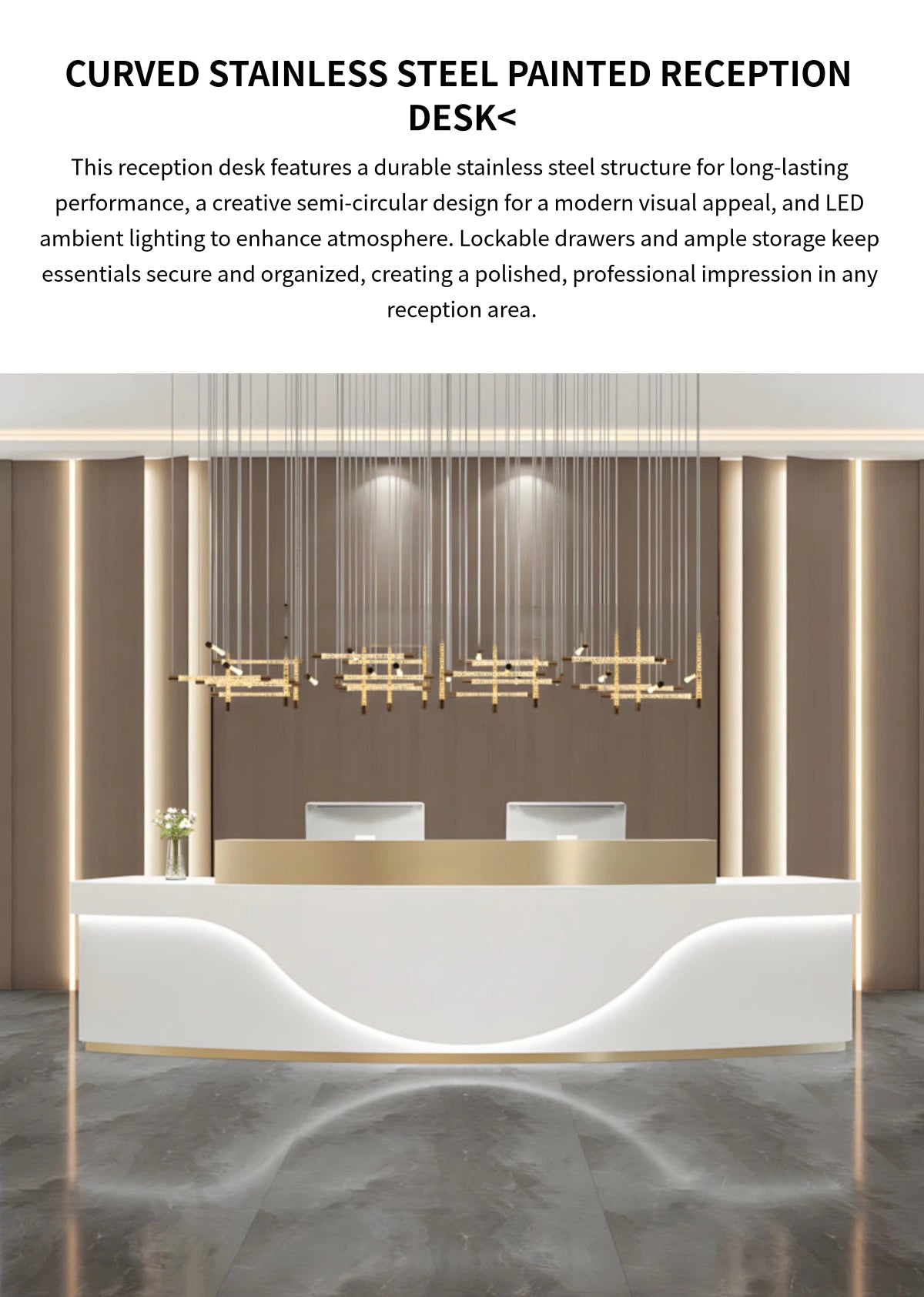 Curved Reception Desk with LED Lighting, Stainless Steel & File Drawers for Hotel Lobby — Detail image 1