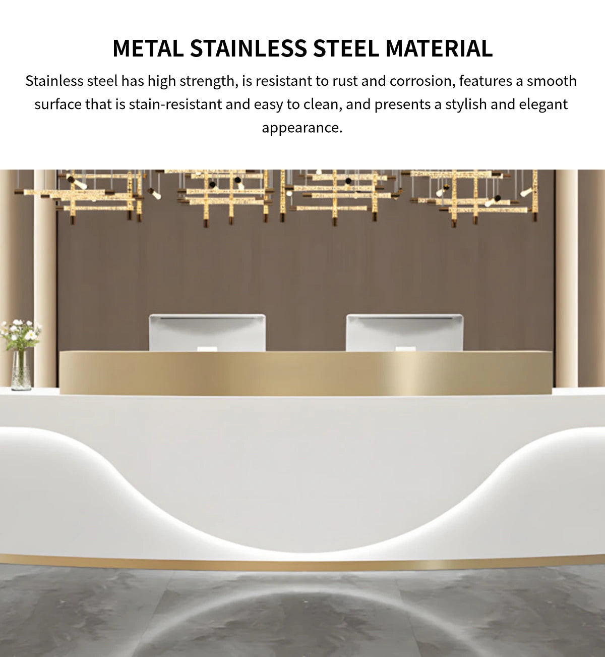 Curved Reception Desk with LED Lighting, Stainless Steel & File Drawers for Hotel Lobby — Detail image 3