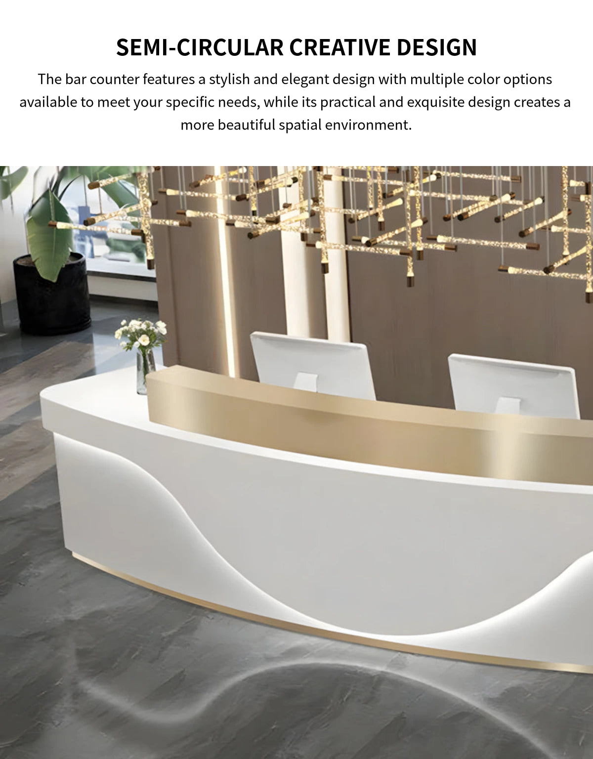 Curved Reception Desk with LED Lighting, Stainless Steel & File Drawers for Hotel Lobby — Detail image 4
