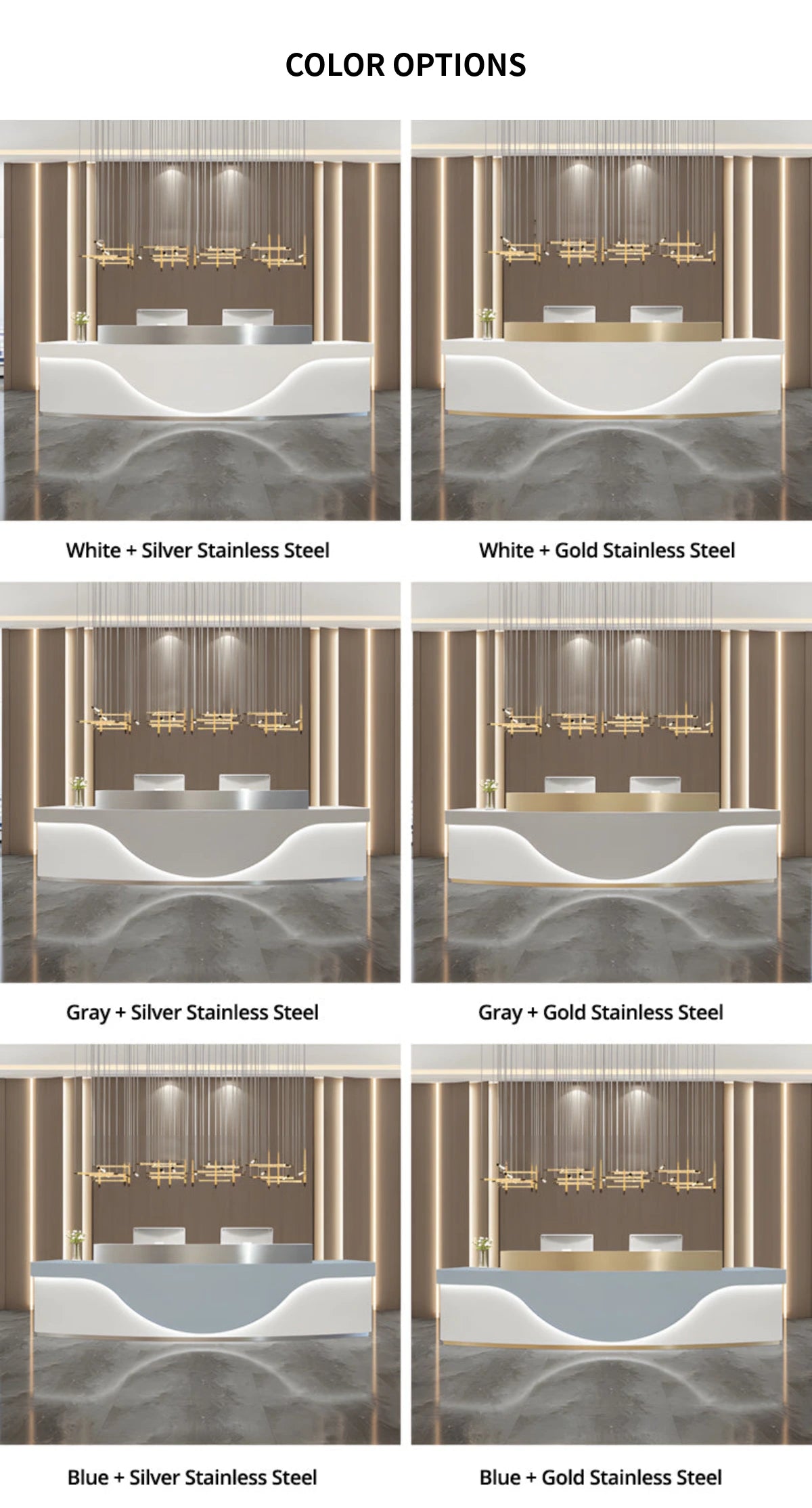 Curved Reception Desk with LED Lighting, Stainless Steel & File Drawers for Hotel Lobby — Detail image 9
