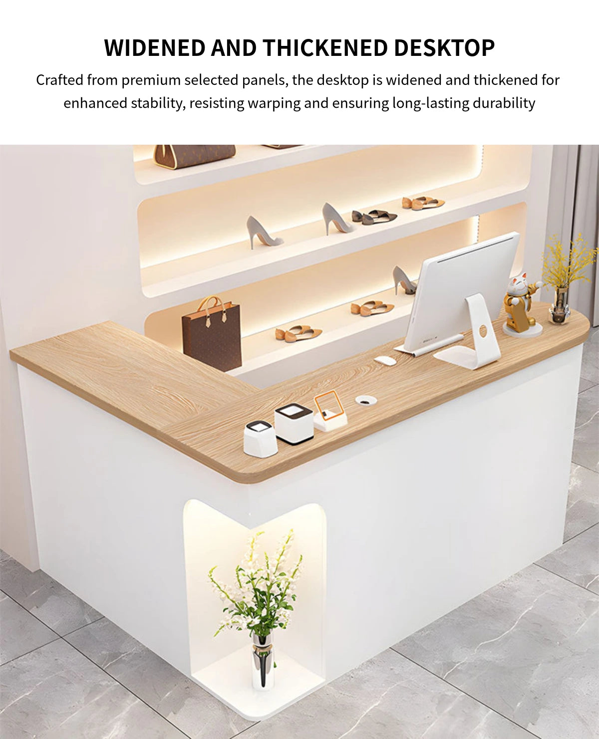 L-Shaped Reception Desk 51-87 in Wide with LED Lighting & Lumbar Support for Salon — Detail image 4