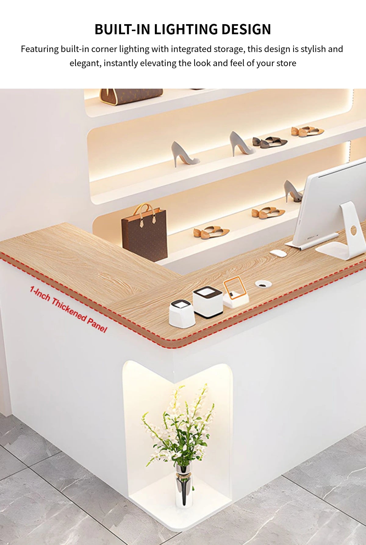 L-Shaped Reception Desk 51-87 in Wide with LED Lighting & Lumbar Support for Salon — Detail image 6