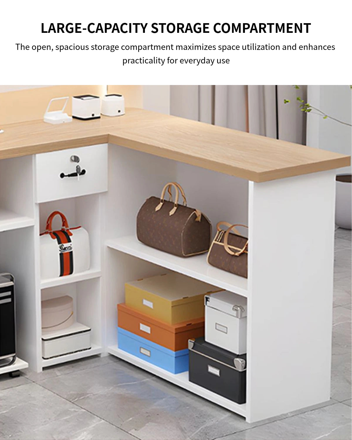 L-Shaped Reception Desk 51-87 in Wide with LED Lighting & Lumbar Support for Salon — Detail image 7