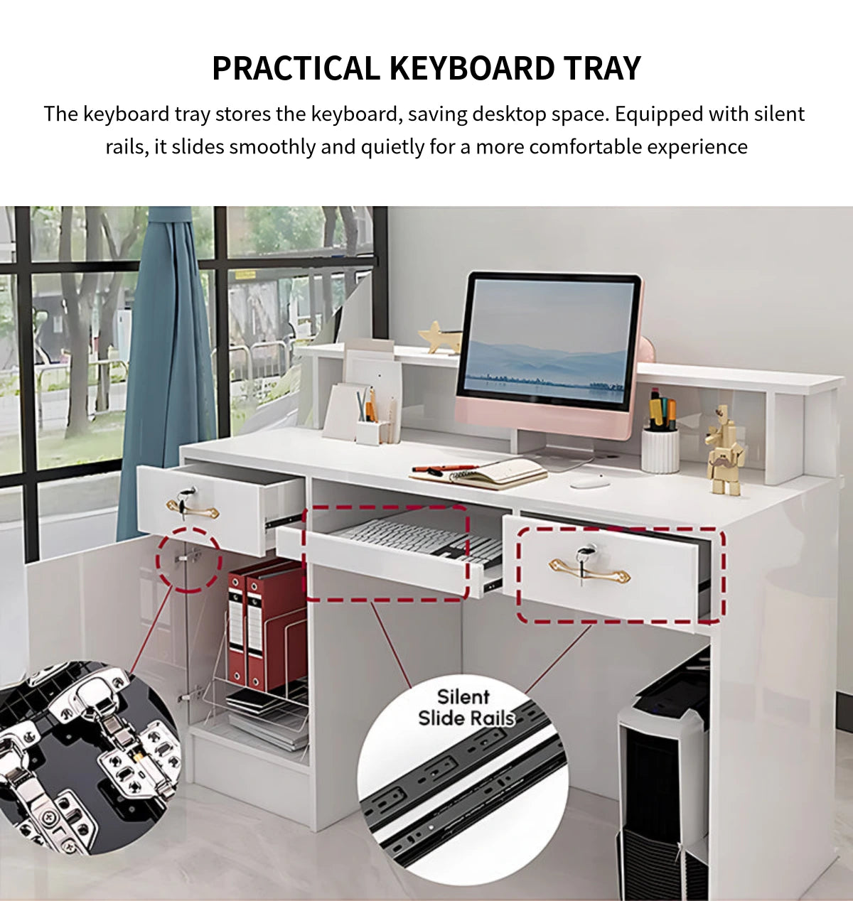 Curved Reception Desk 31-59 in Wide with Lockable, Keyboard Tray & File Drawers for Salon — Detail image 6