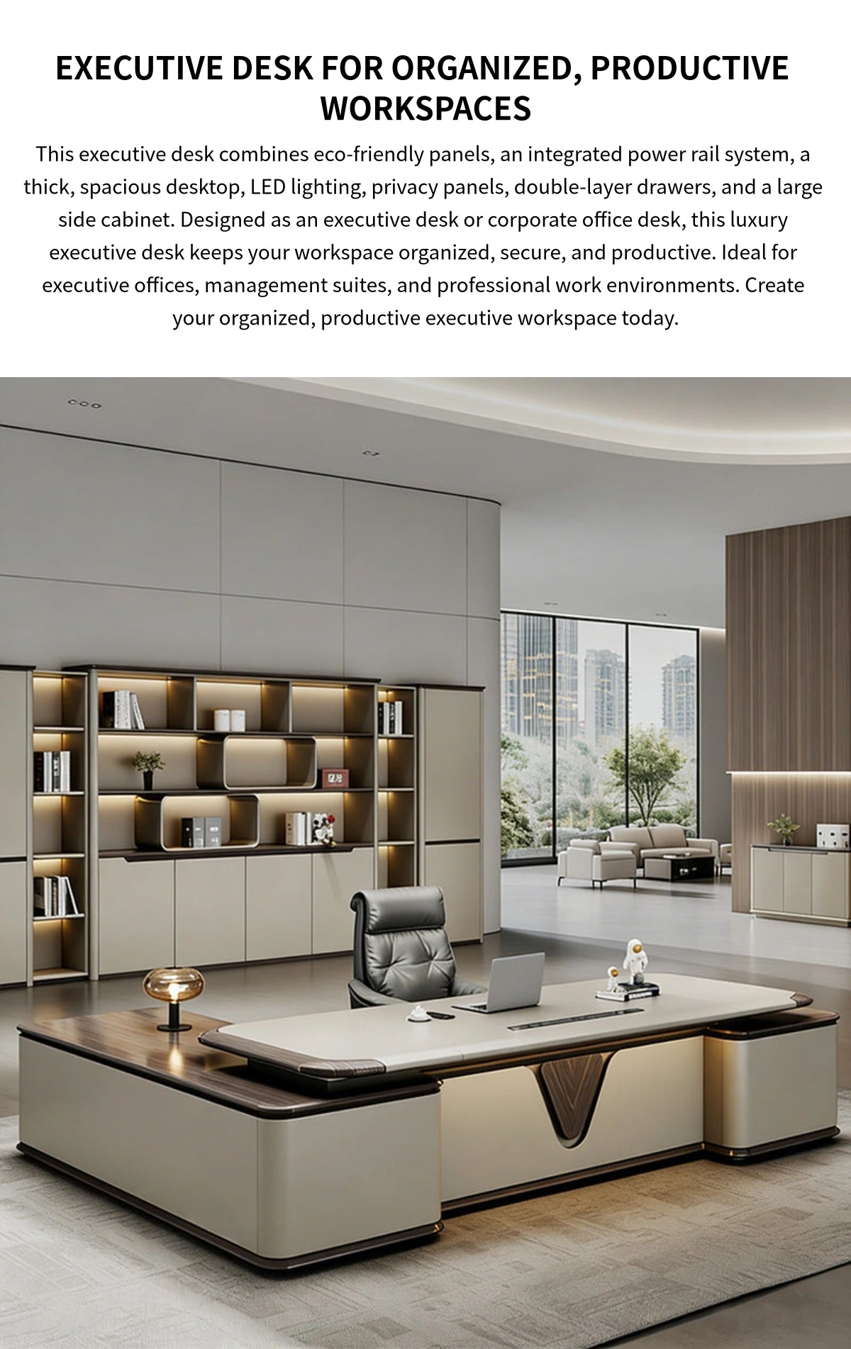 Modern Executive Desk with Curved, LED Lighting & Side Storage for Home Office — Detail image 1