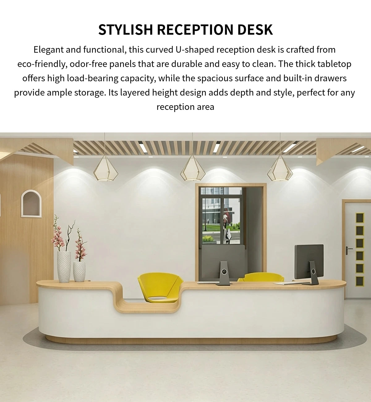 U-Shaped Reception Desk 63-236 in Wide with File Drawers & Lumbar Support for Office Lobby — Detail image 1