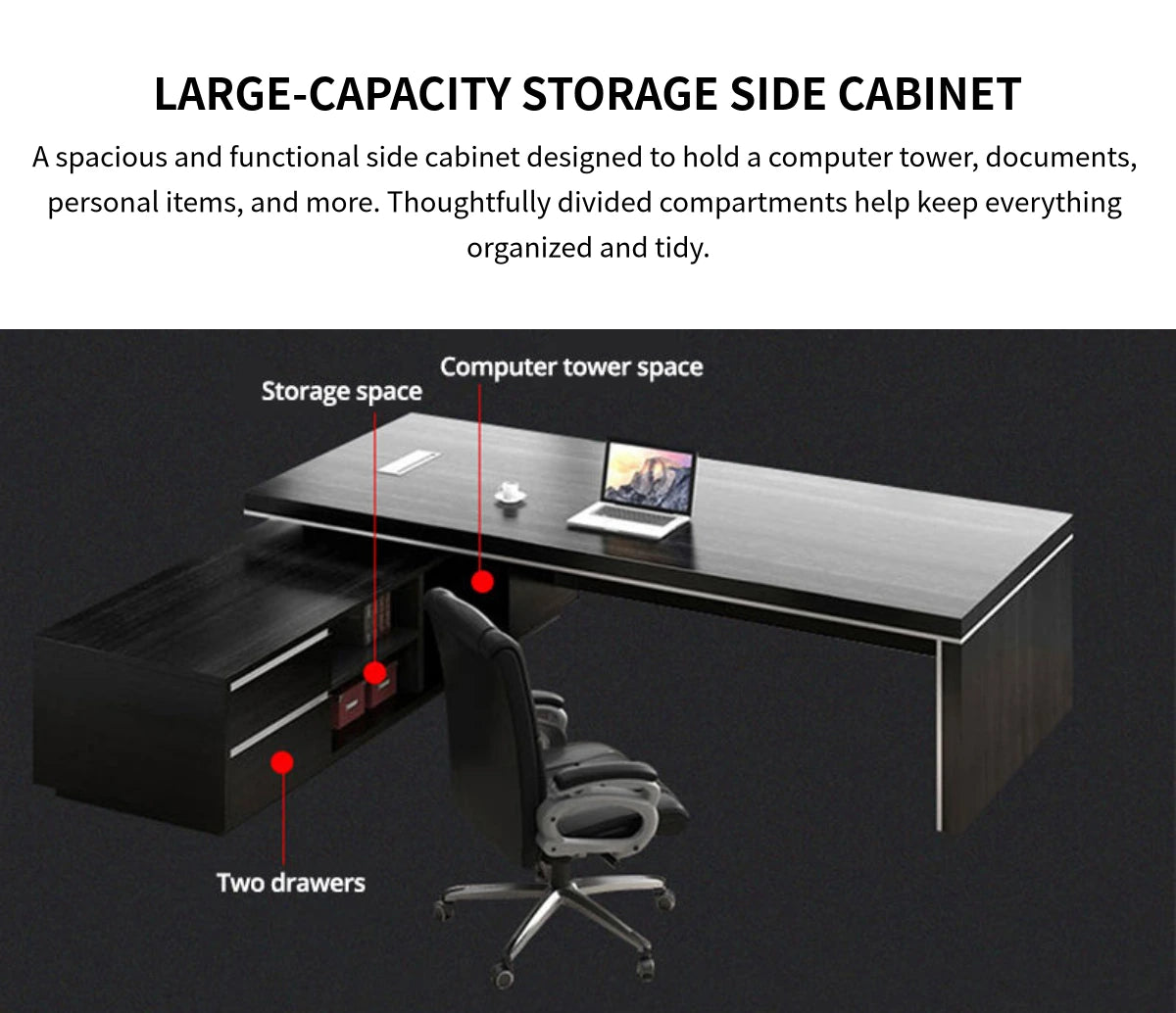 Modern Executive Desk with Cable Management, Side Storage & Lumbar Support for Home Office — Detail image 12