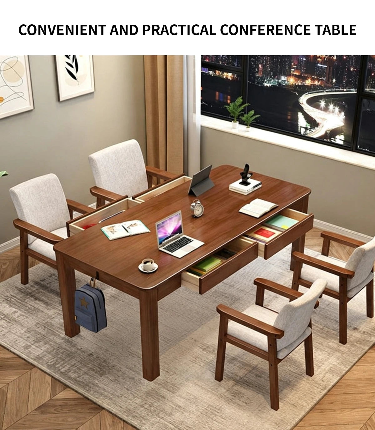 Modern Conference Table 63-71 in Wide (5.2-5.9 ft) with Solid Wood & File Drawers — Detail image 1