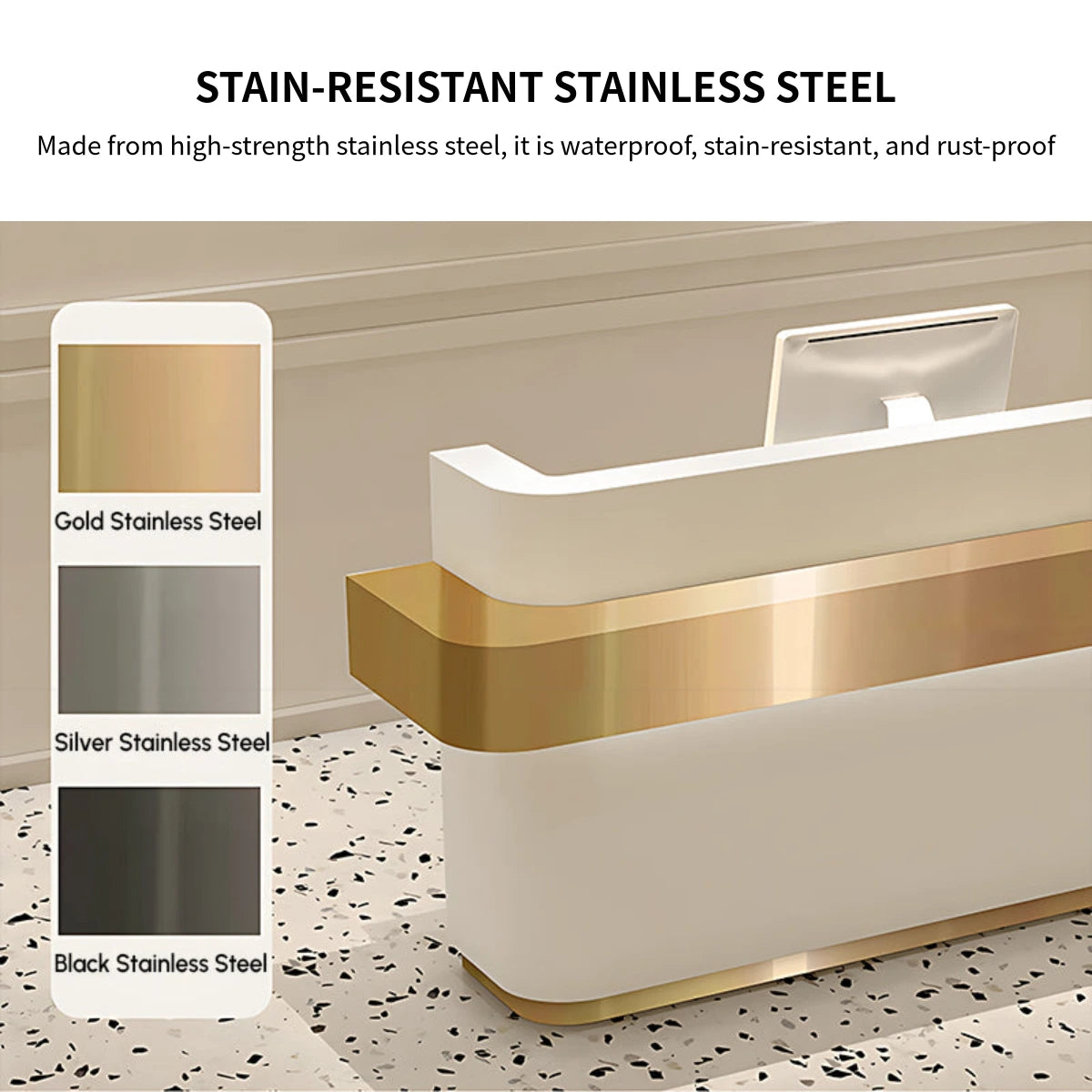 Curved Reception Desk 71-142 in Wide with LED Lighting & Stainless Steel for Salon — Detail image 4