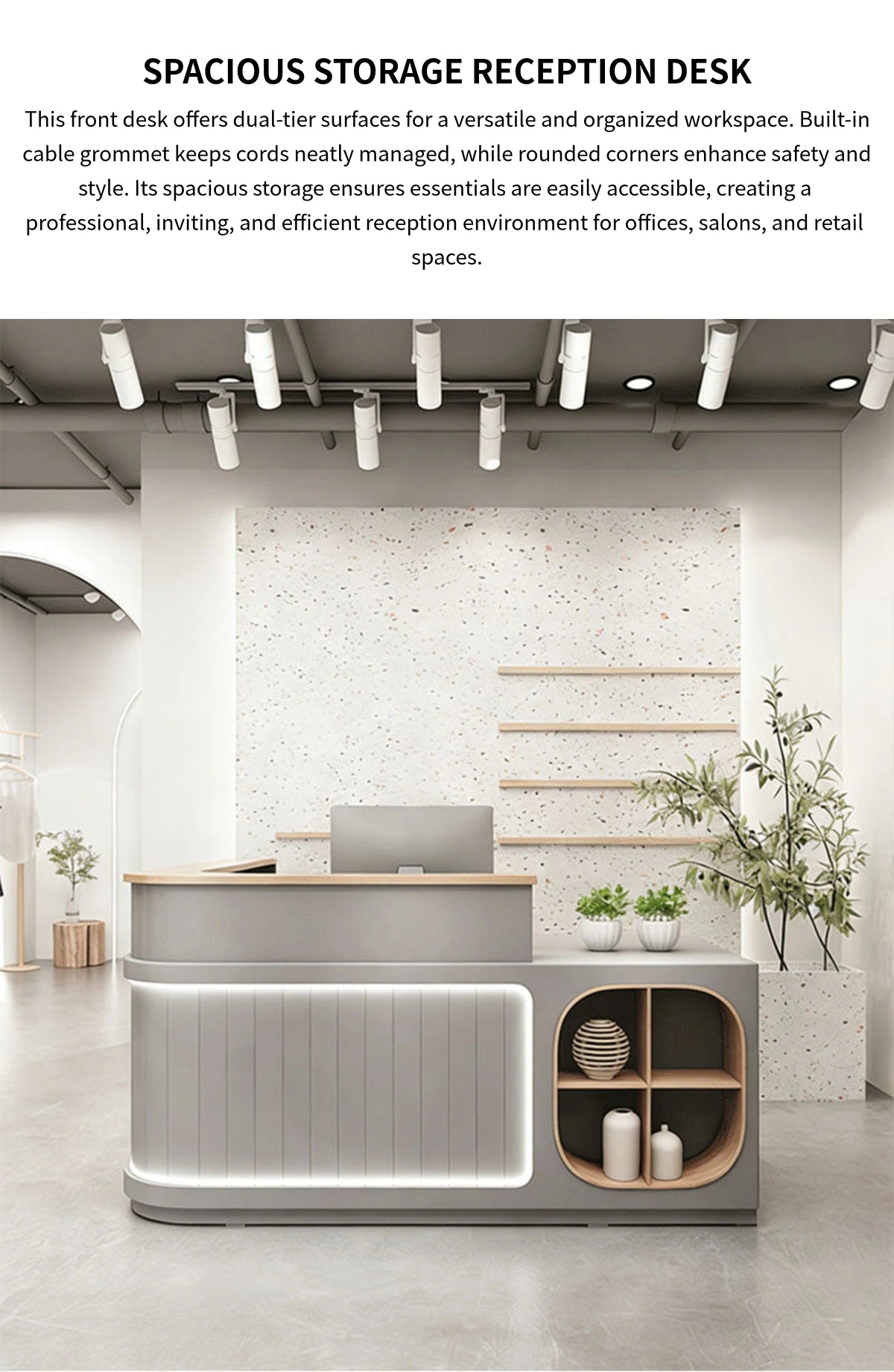 Curved Reception Desk 39-94 in Wide with LED Lighting, Keyboard Tray & Cable Management — Detail image 1