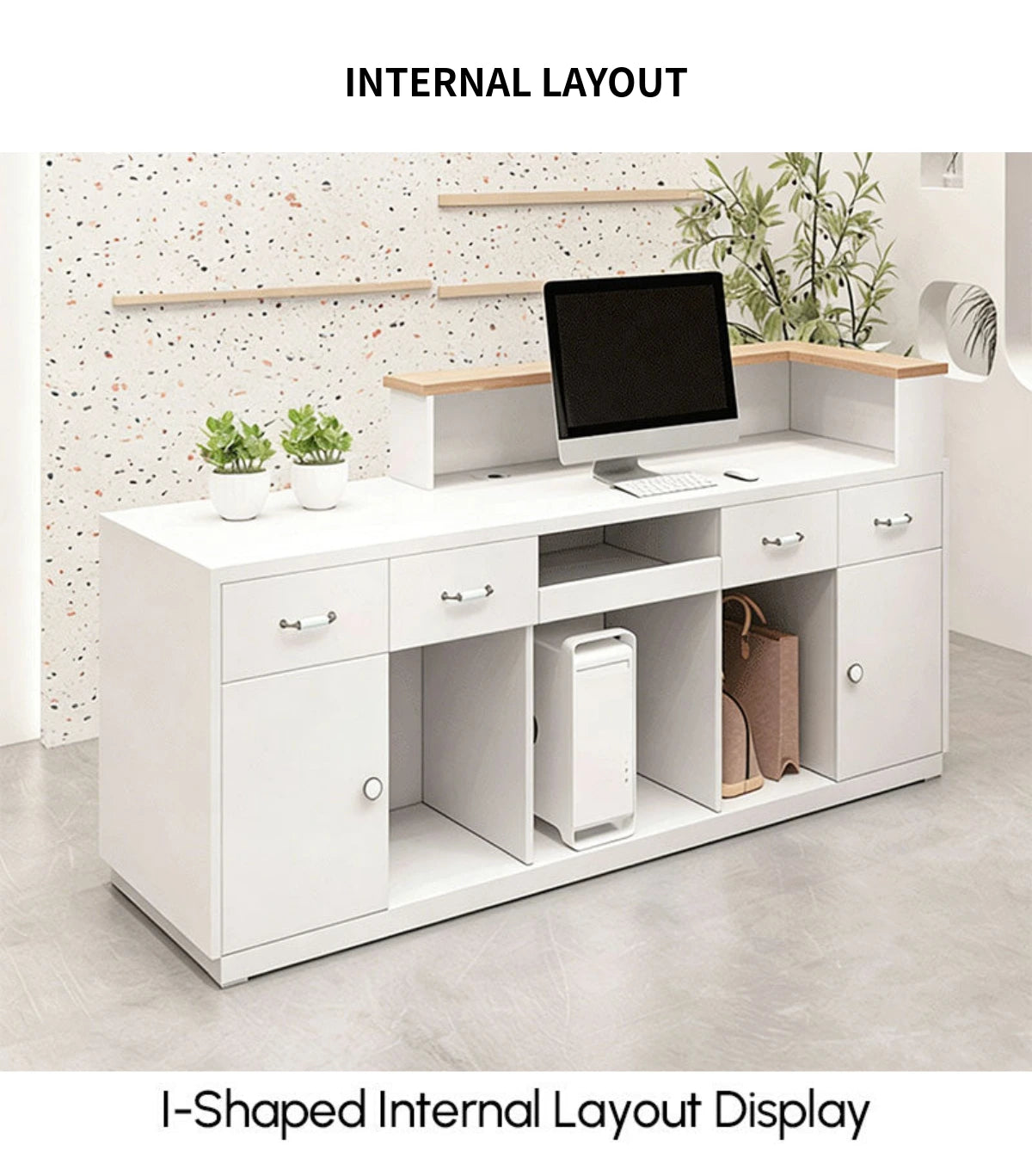 Curved Reception Desk 39-94 in Wide with LED Lighting, Keyboard Tray & Cable Management — Detail image 7