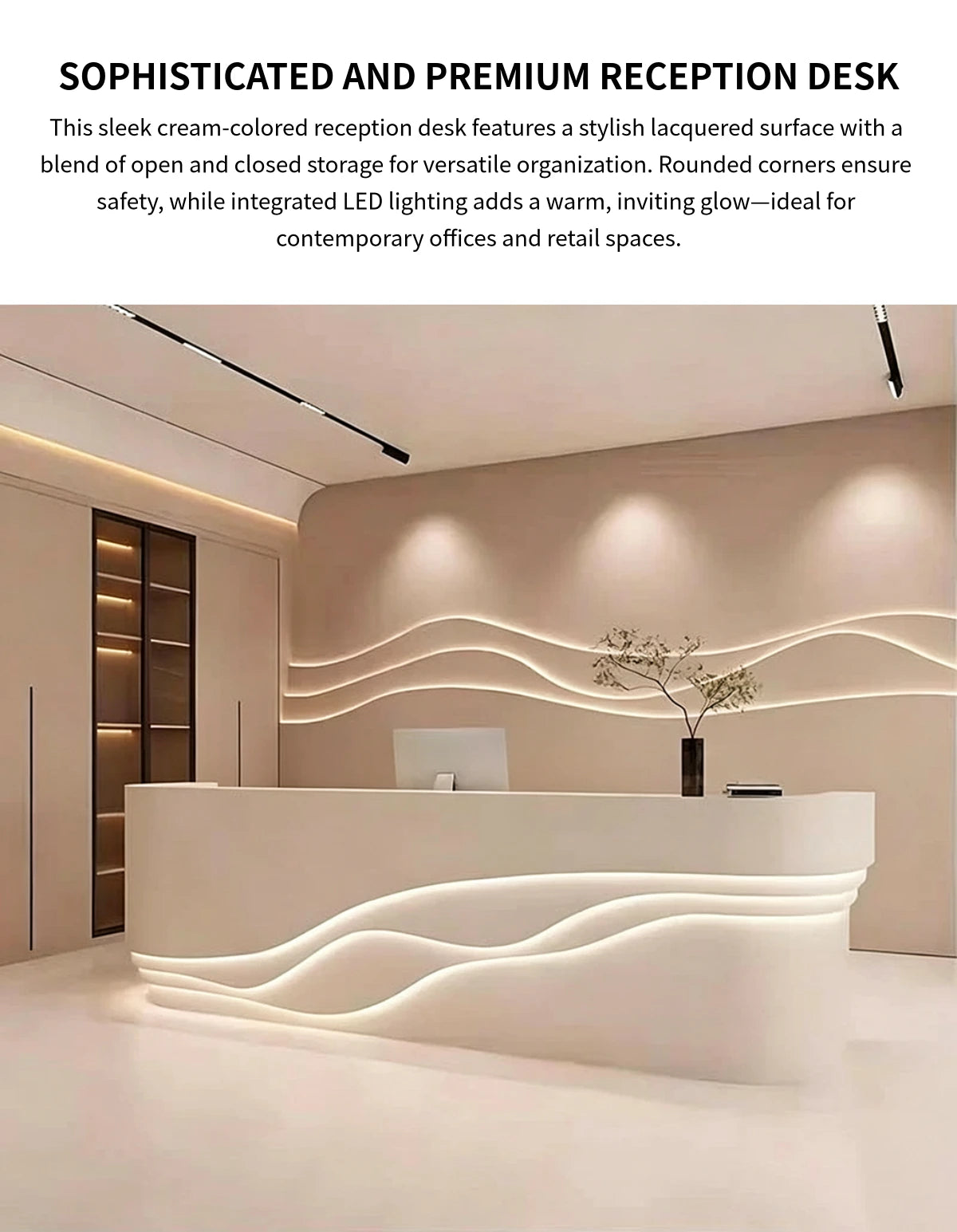 Curved Reception Desk 59-142 in Wide with File Drawers, LED Lighting & Lumbar Support — Detail image 1