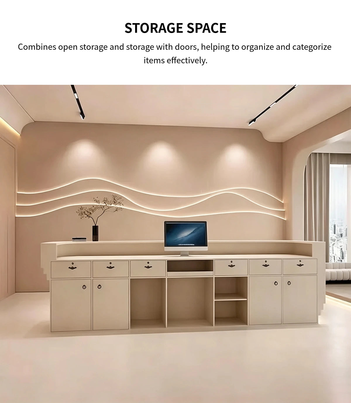 Curved Reception Desk 59-142 in Wide with File Drawers, LED Lighting & Lumbar Support — Detail image 3