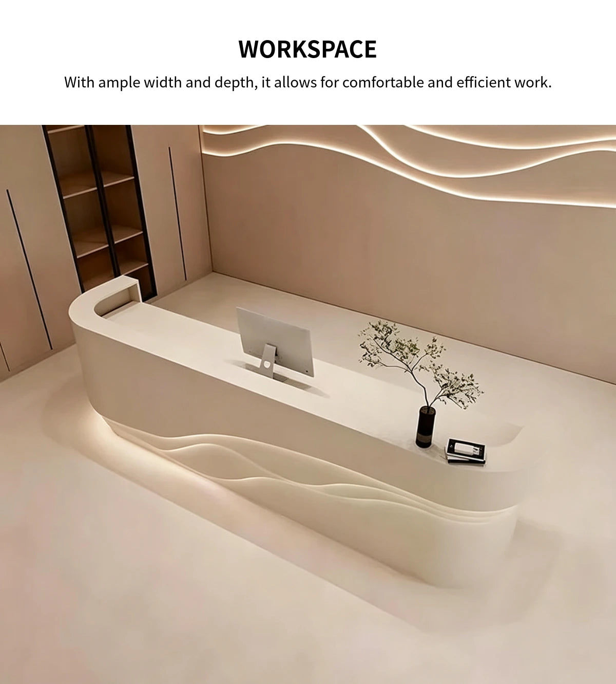 Curved Reception Desk 59-142 in Wide with File Drawers, LED Lighting & Lumbar Support — Detail image 4