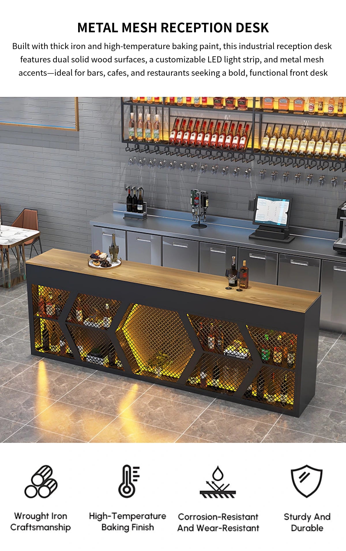 Curved Reception Desk with LED Lighting, Solid Wood & Breathable Mesh for Office Lobby — Detail image 1