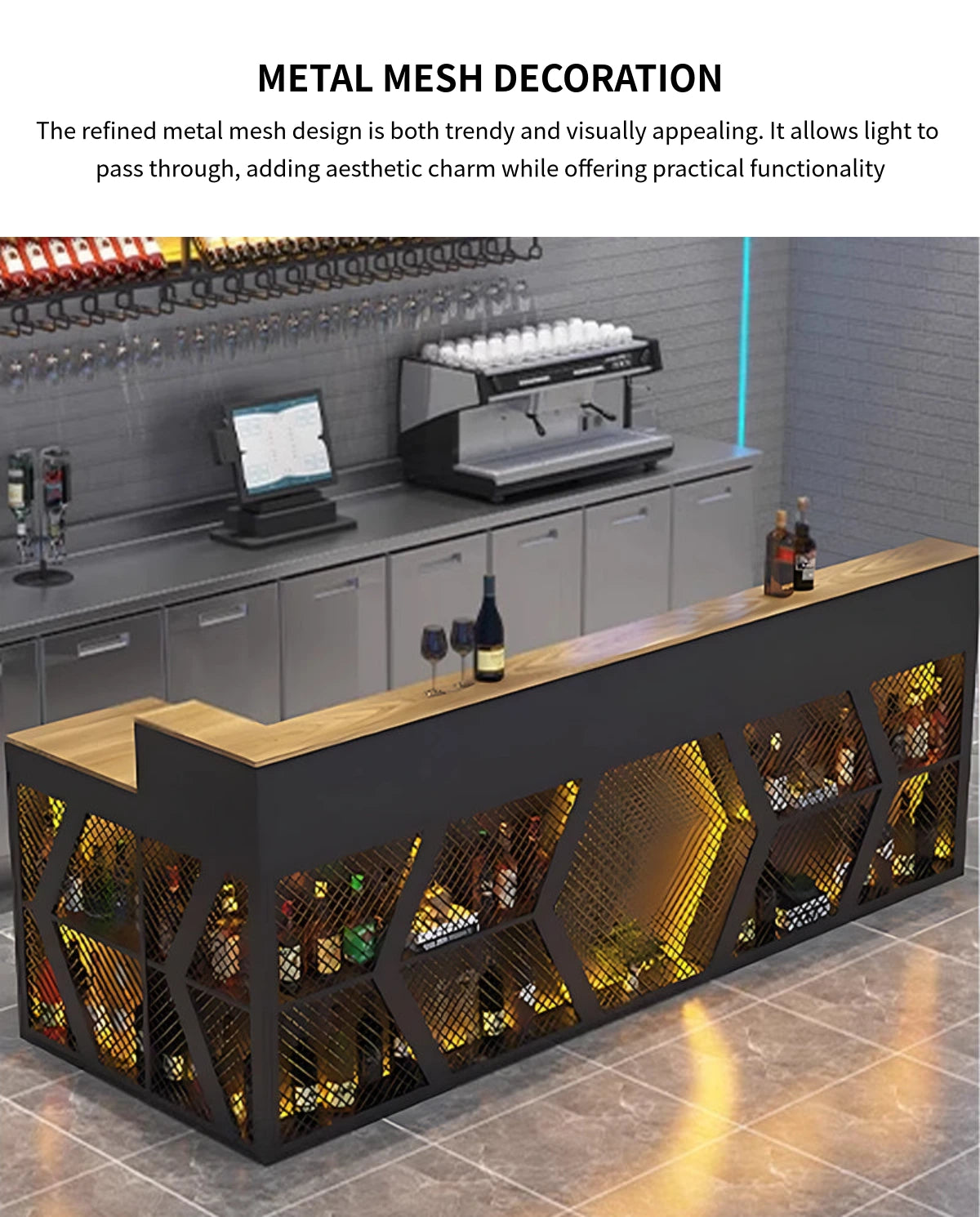 Curved Reception Desk with LED Lighting, Solid Wood & Breathable Mesh for Office Lobby — Detail image 7