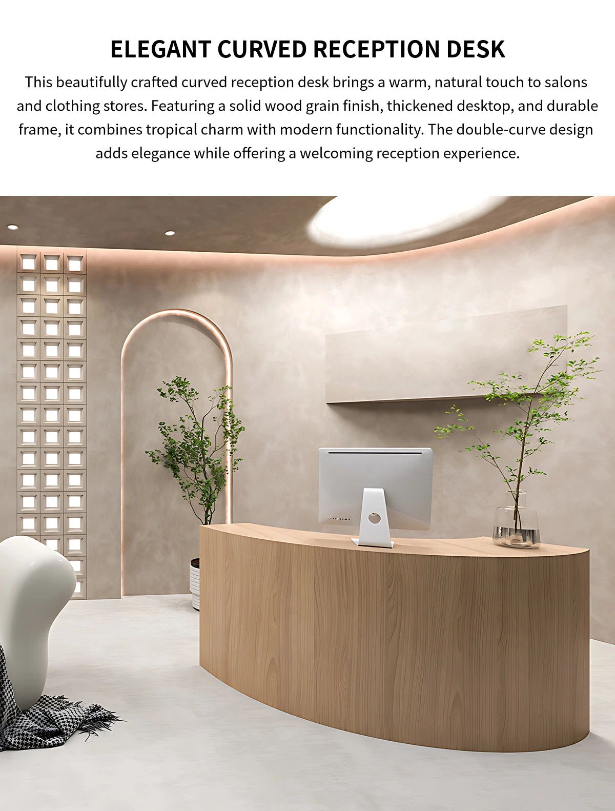 Curved Reception Desk 59-110 in Wide with Solid Wood, Lumbar Support & Privacy Panel — Detail image 1