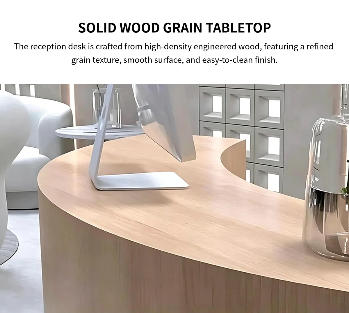 Curved Reception Desk 59-110 in Wide with Solid Wood, Lumbar Support & Privacy Panel — Detail image 2