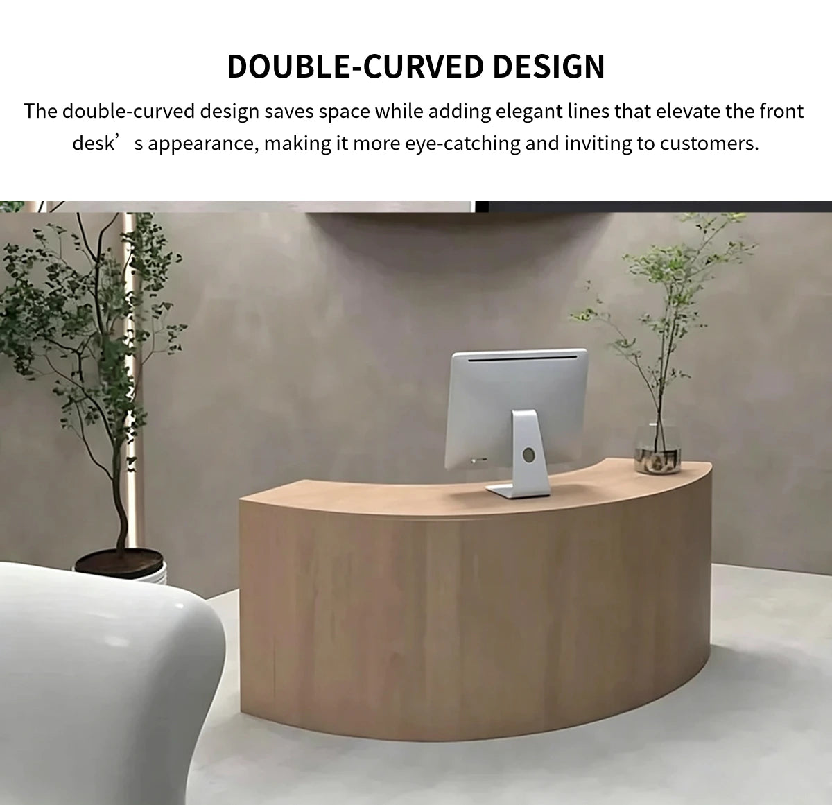 Curved Reception Desk 59-110 in Wide with Solid Wood, Lumbar Support & Privacy Panel — Detail image 4