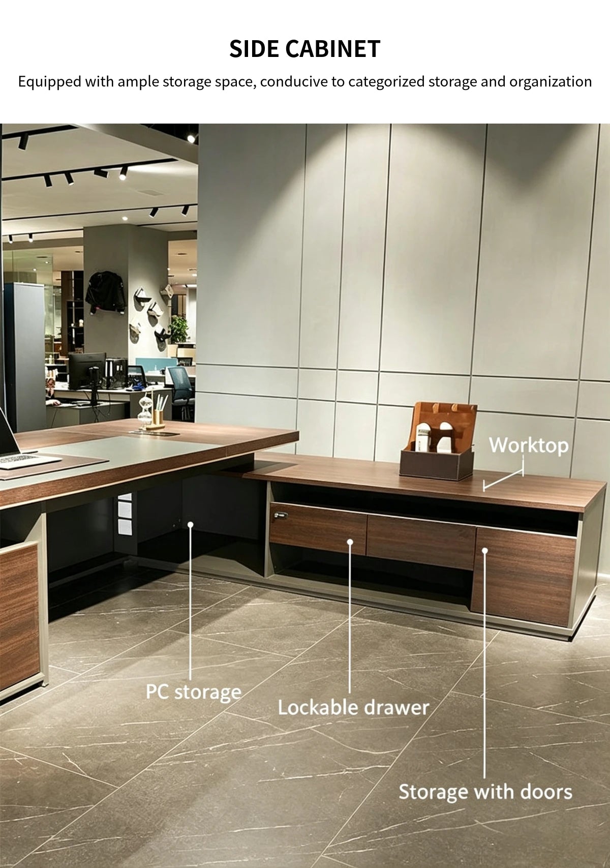 Modern Executive Desk with Cable Management, Side Storage & Marble Top for Home Office — Detail image 3