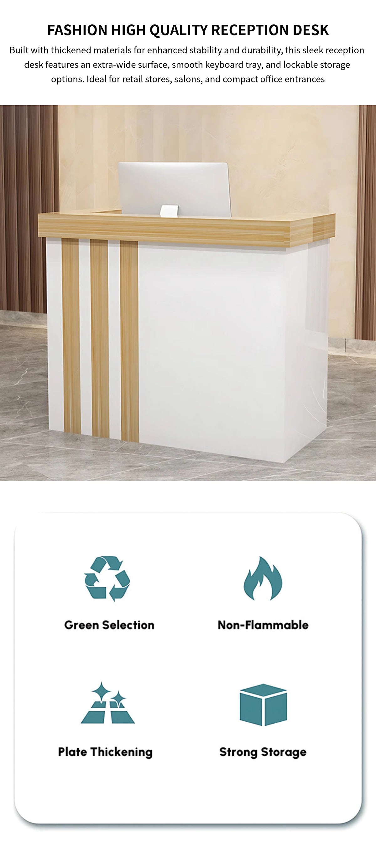 Curved Reception Desk 31-71 in Wide with Lockable, File Drawers & Fluted Front for Salon — Detail image 1