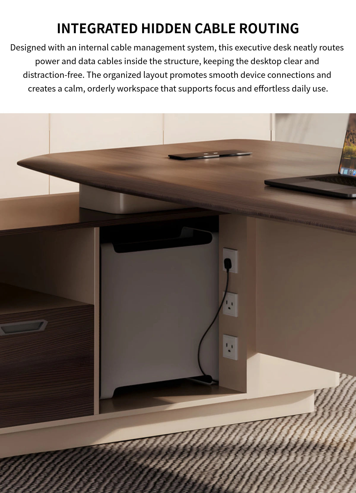 Modern Executive Desk with Cable Management, Lockable & File Drawers for Home Office — Detail image 5